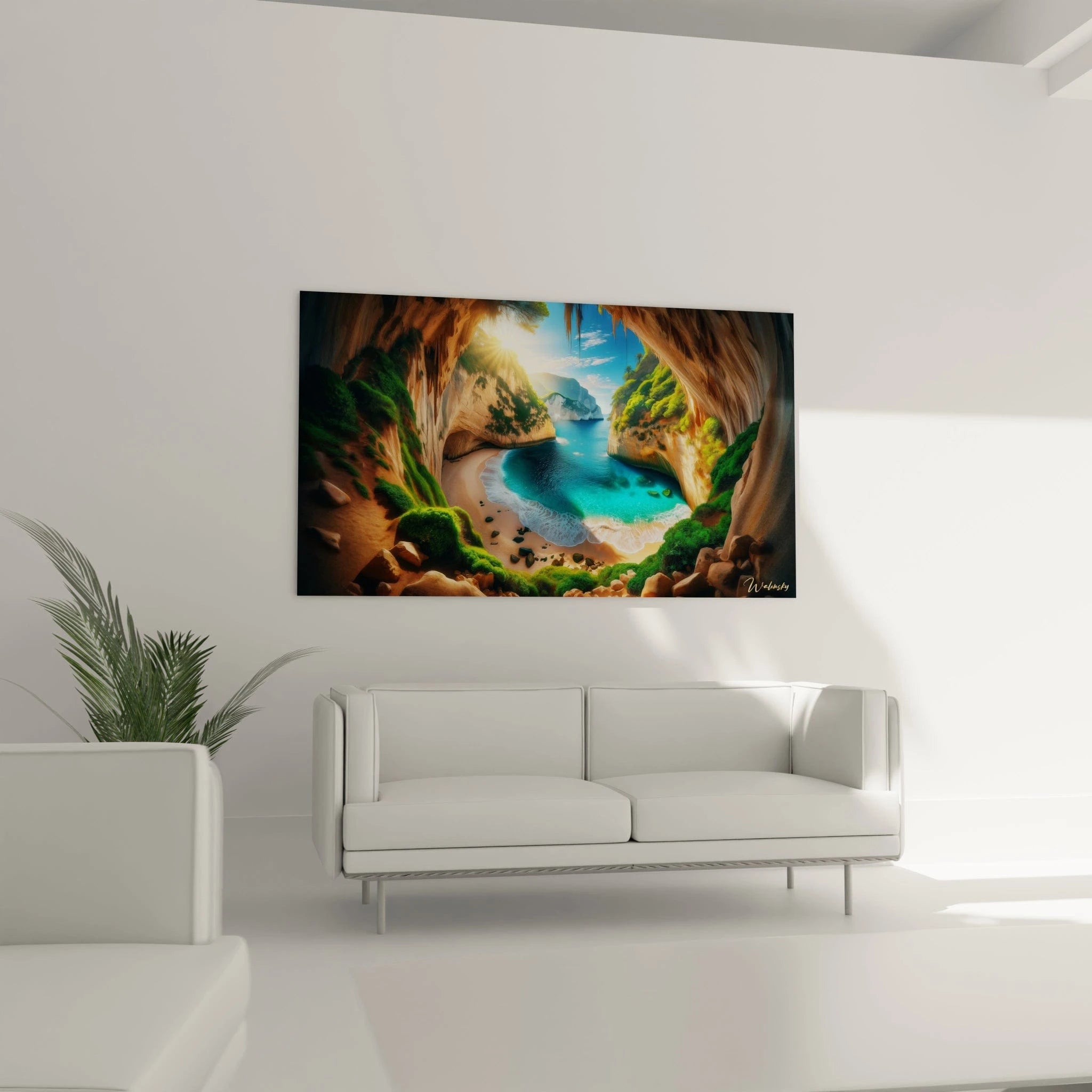 Tableau paysage figurant une baie semi-circulaire avec sable fin, roches dispersées, mer dégradée bleu clair à foncé, et reliefs végétalisés en surplomb.