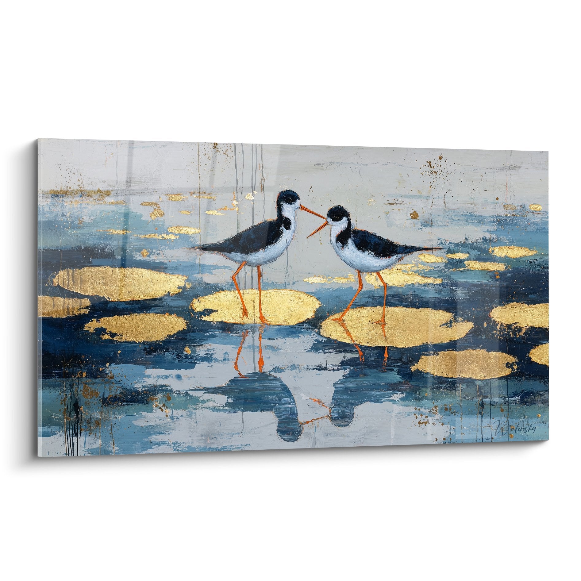 Tableau oiseaux echassiers bleus et blancs sur plan d'eau dore reflets aquatiques feng shui nord eau