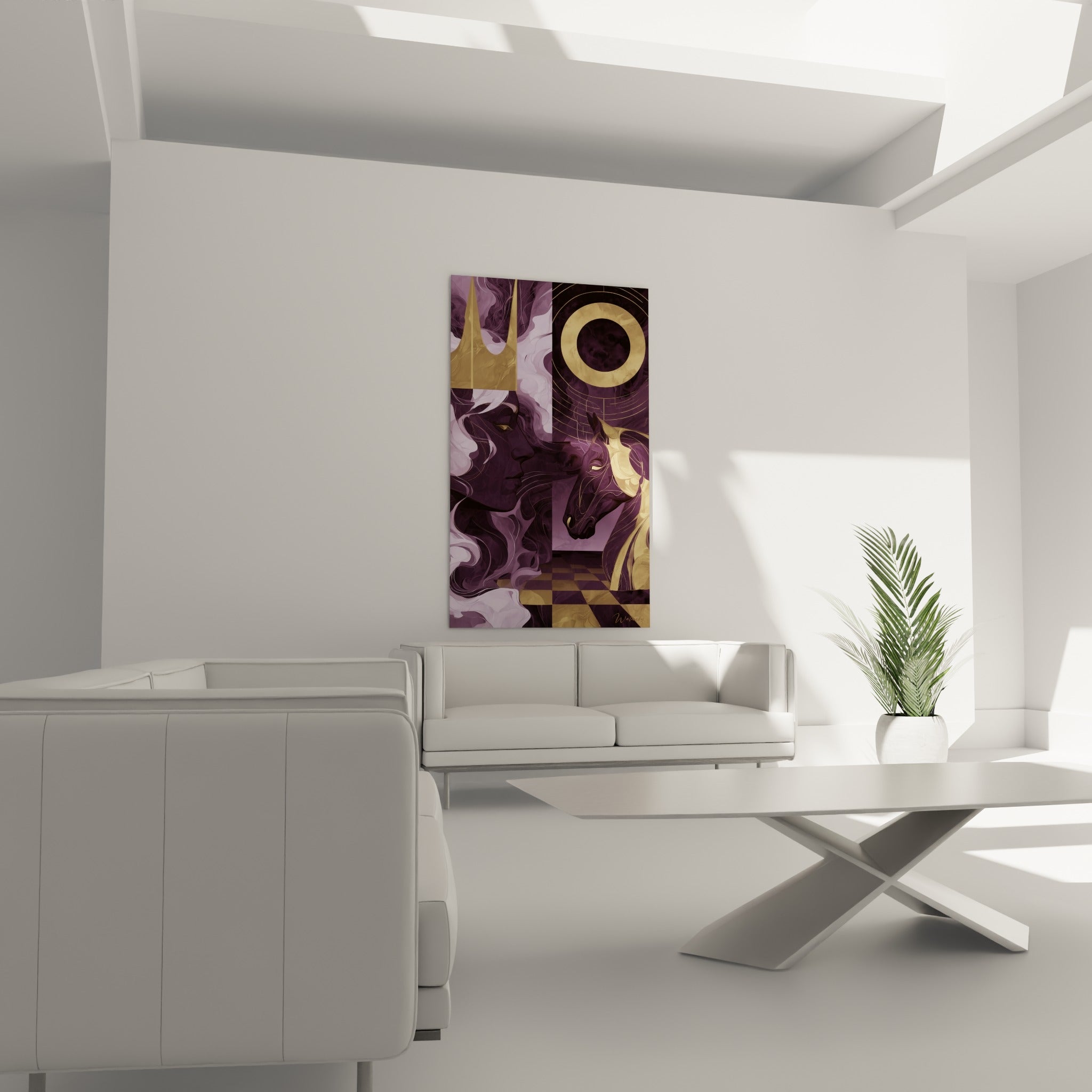 Silhouette royale et anneau doré circulaire ornent ce tableau échecs, au-dessus d'un canapé dans un salon lumineux