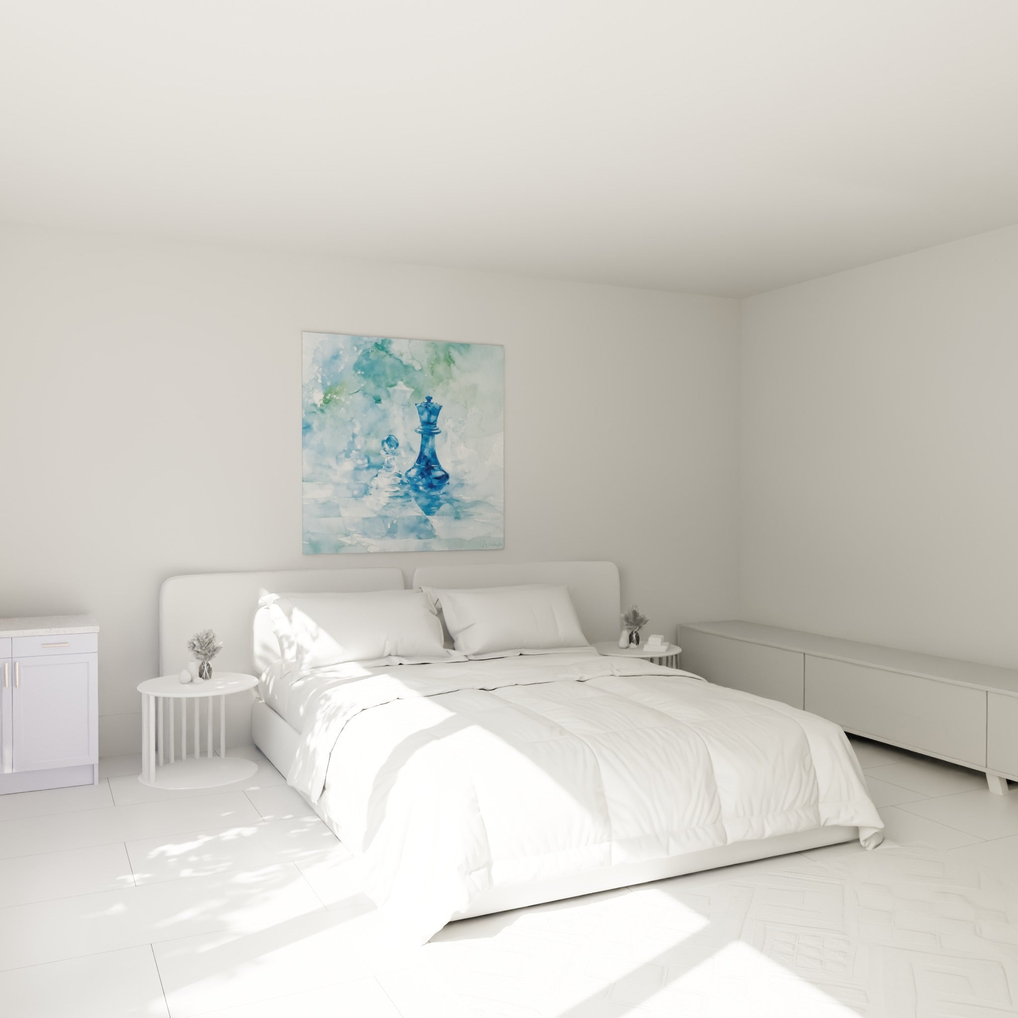 Pièces d'échecs bleu marine et vert sauge en aquarelle, au-dessus d'un lit dans une chambre claire