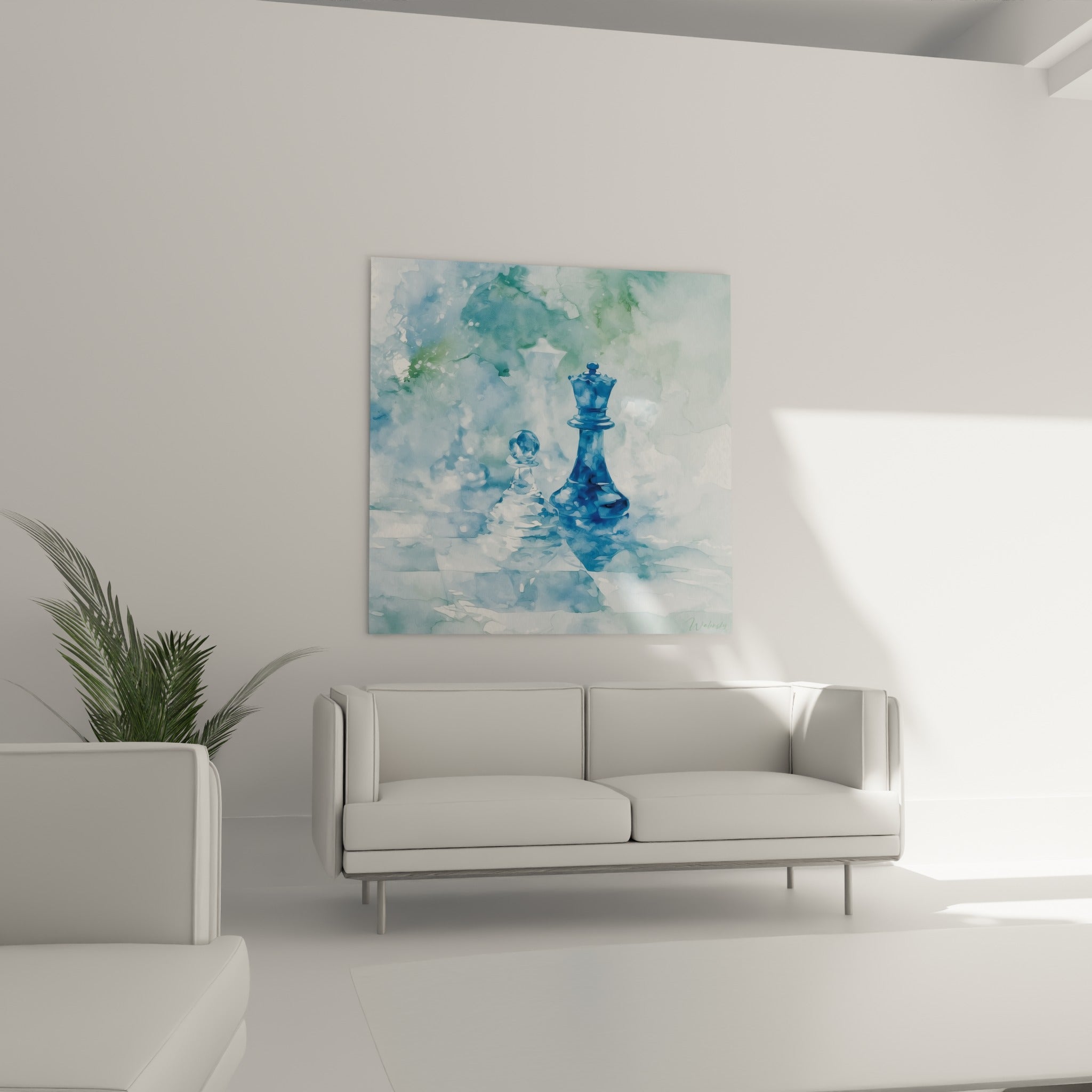 Reine et pion d'échecs bleutés en aquarelle vaporeuse, au-dessus d'un canapé dans un salon lumineux