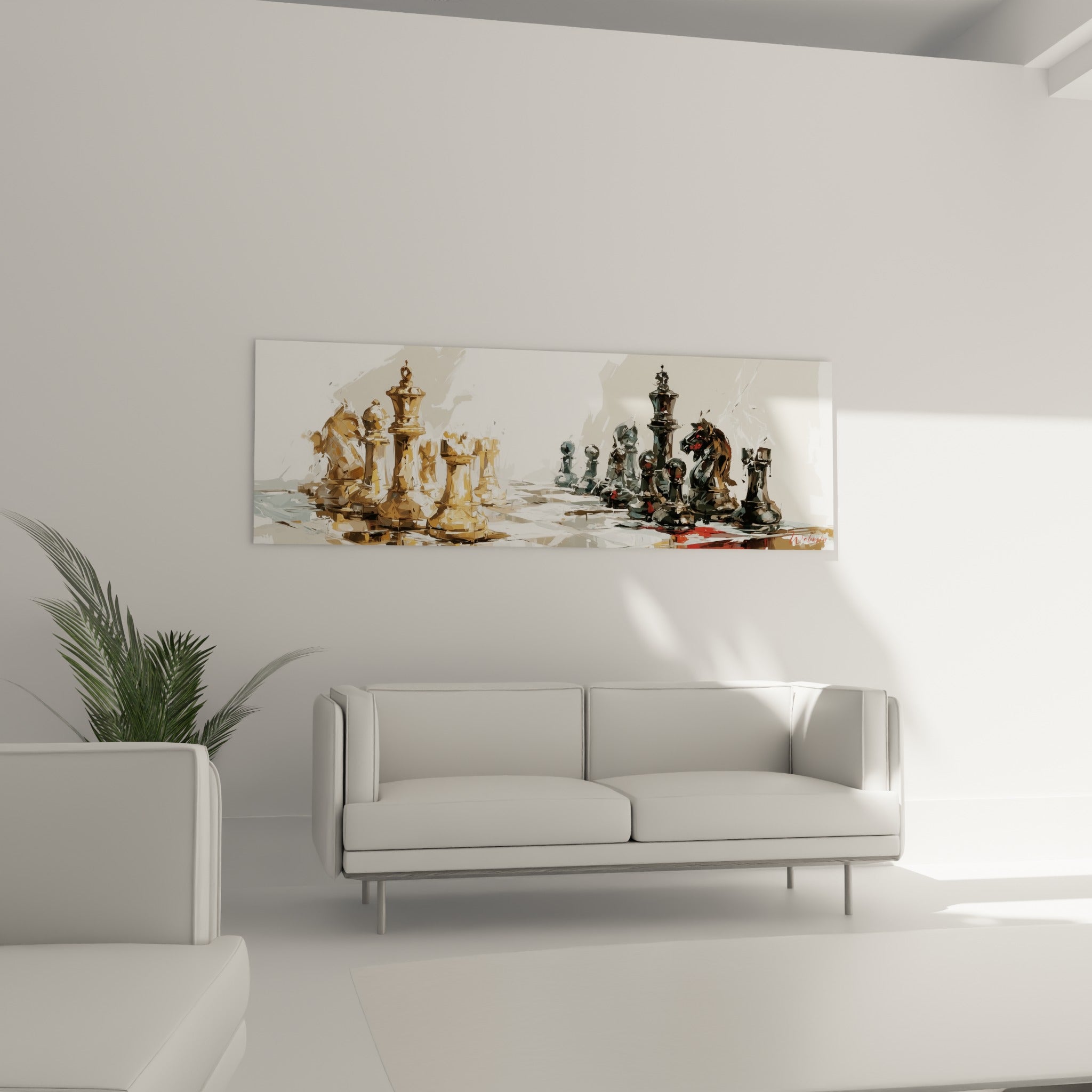 Cavaliers et pions crème contrastent avec le camp noir au-dessus d'un canapé dans un salon lumineux
