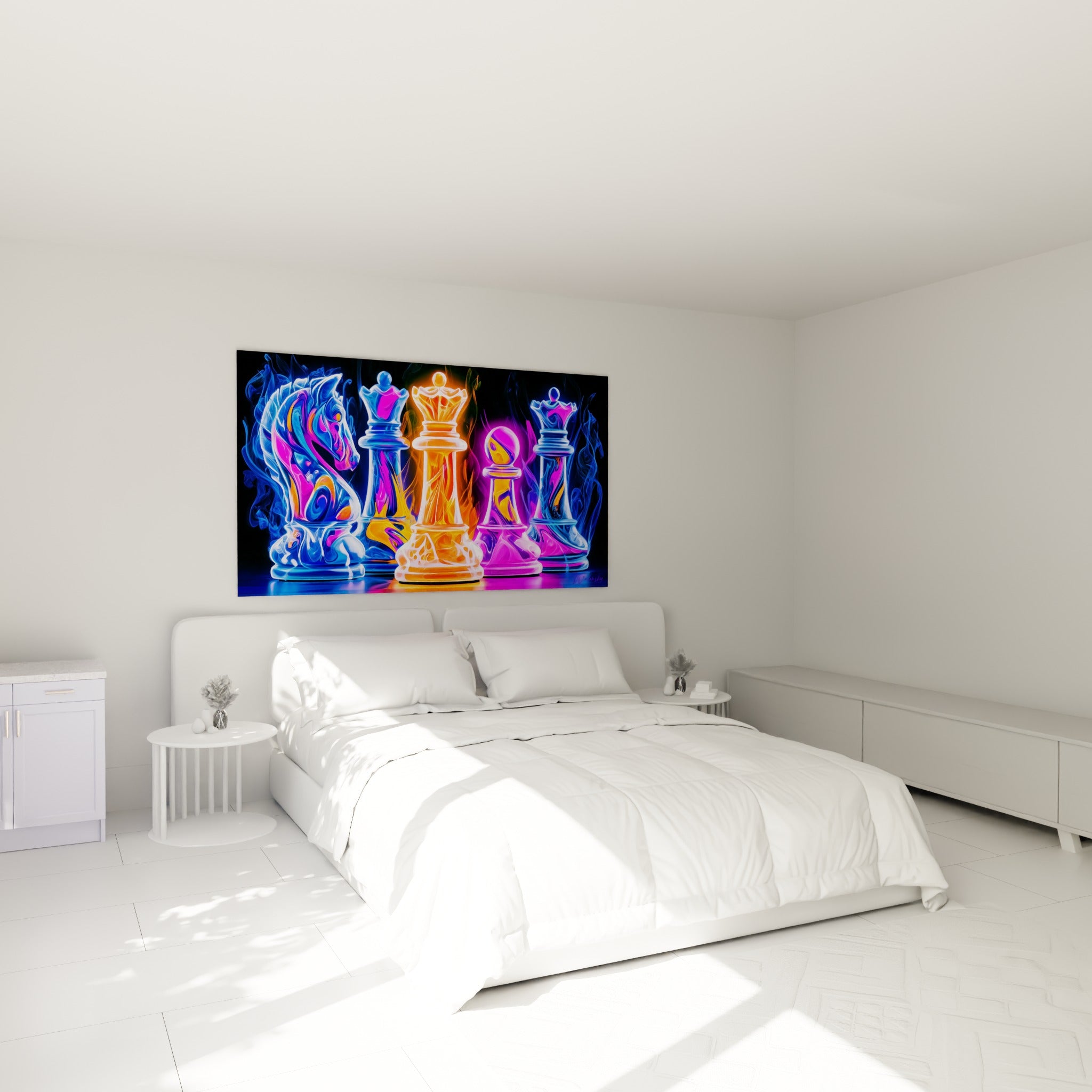 Cavalier et roi d'échecs bleu et orange incandescent au-dessus d'un lit dans une chambre claire