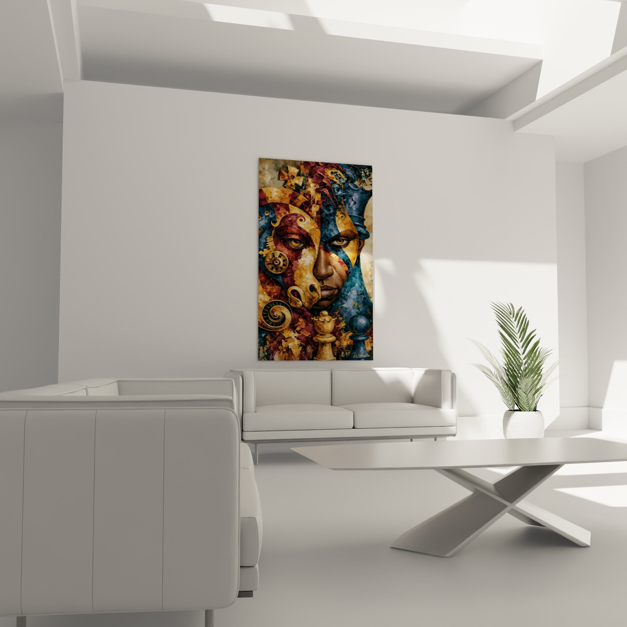 Portrait bordeaux et doré mêlé à des figures d'échecs, au-dessus d'un canapé dans un salon lumineux