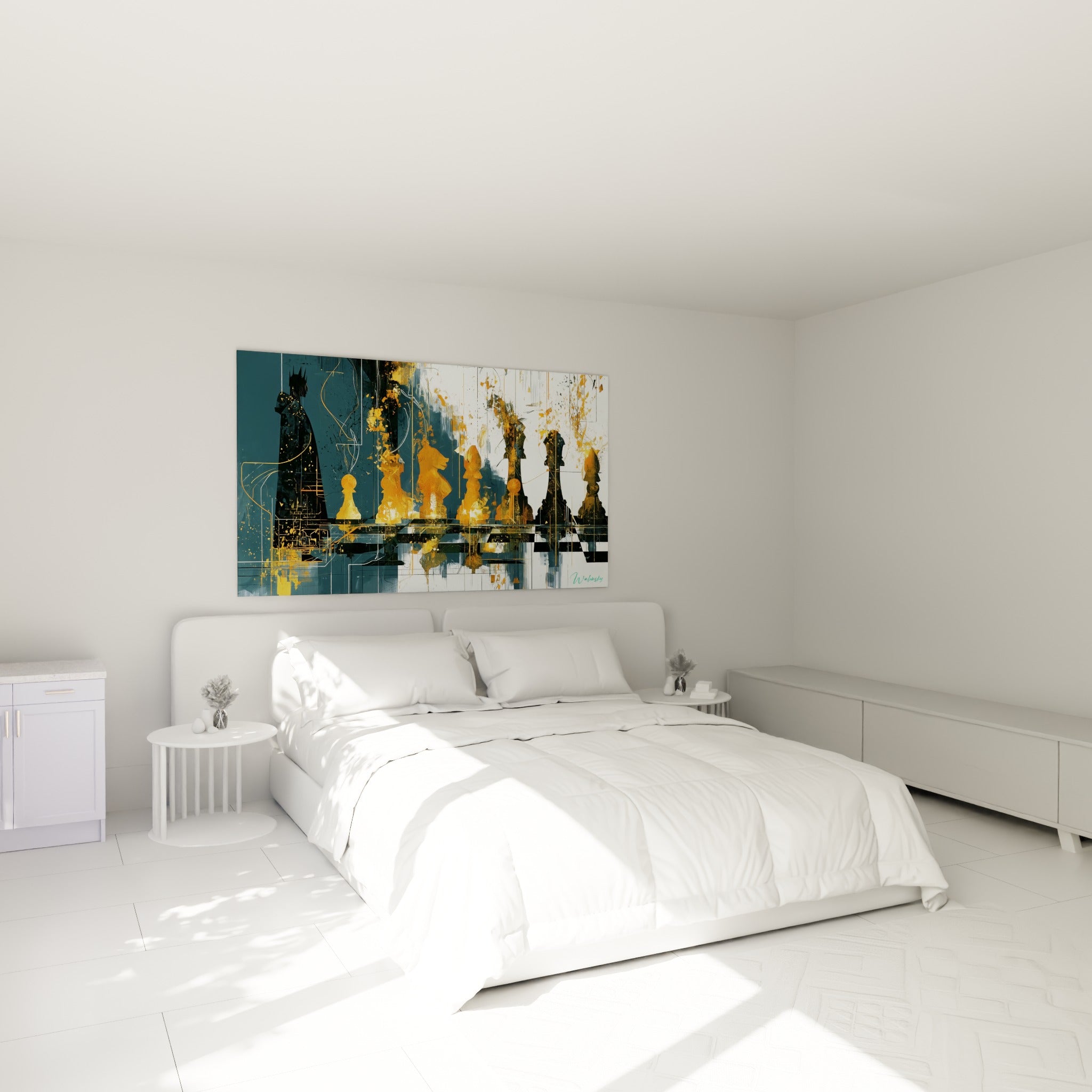 Cavaliers et pions d'échecs dorés et bleu ardoise au-dessus d'un lit dans une chambre claire