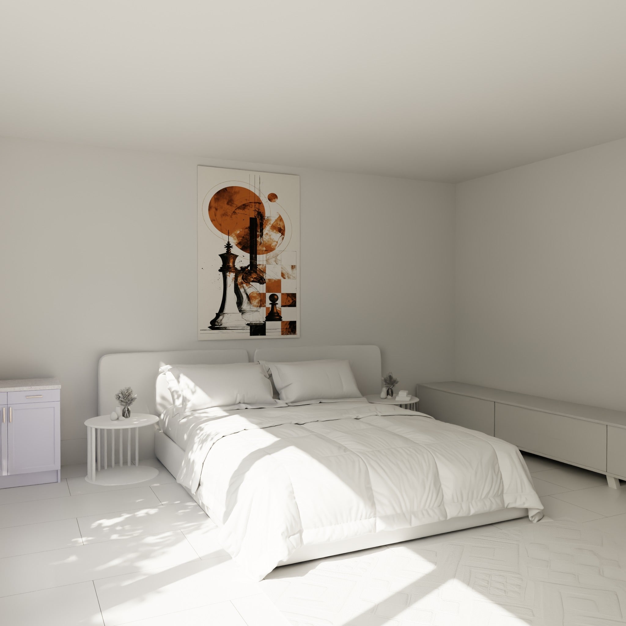 Cavalier et roi d'échecs en encre noire et terracotta, accrochés au-dessus d'un lit dans une chambre claire