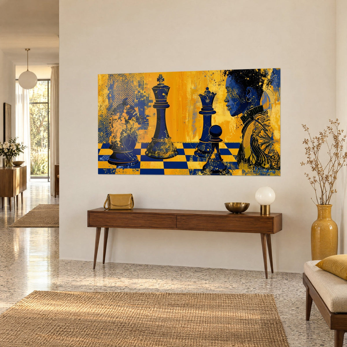 Quadro re, regina e pedone in blu cobalto su una scacchiera ocra, volto di profilo fatto di schizzi, sopra una consolle in legno