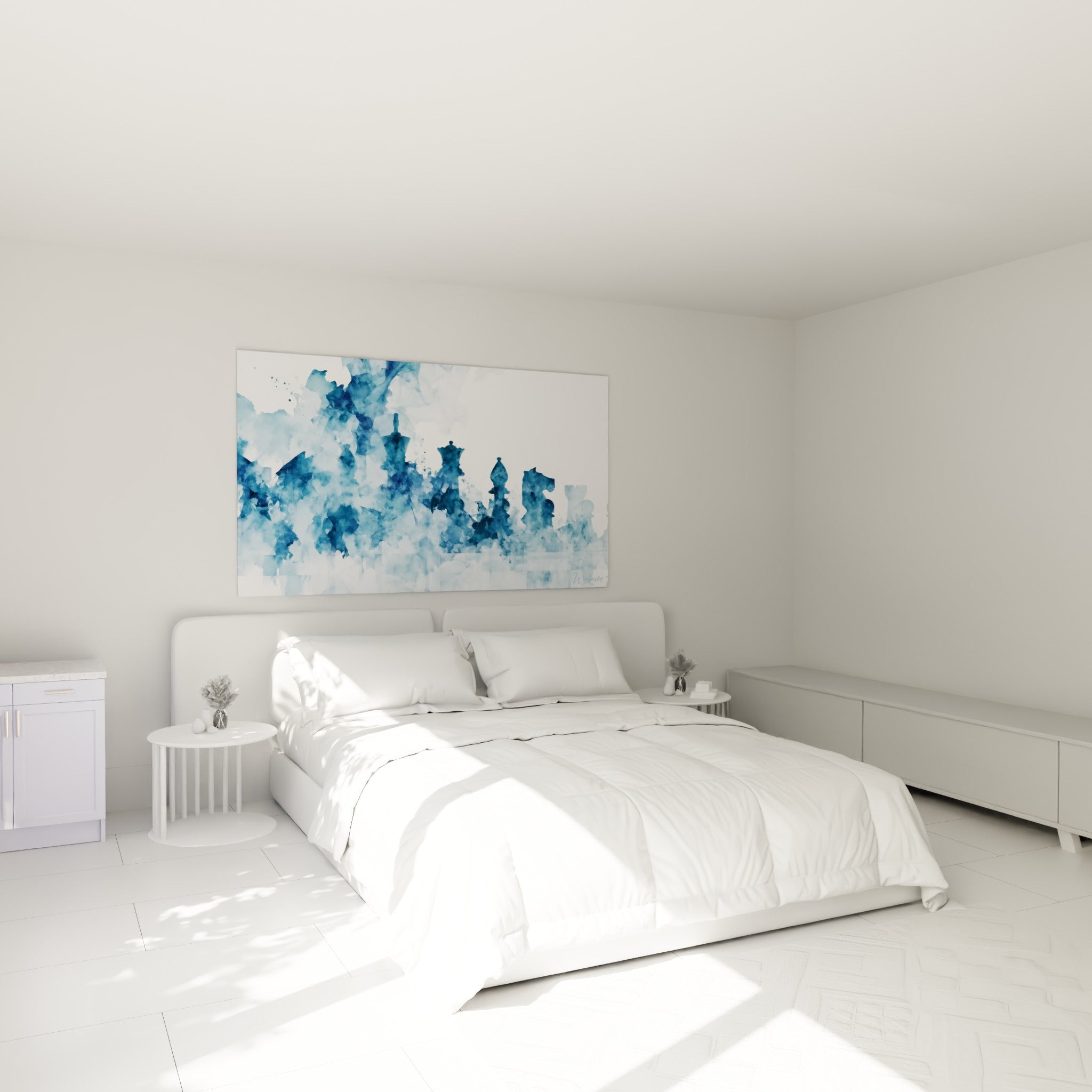 Cavalier et tour d'échecs bleu marine et blanc au-dessus d'un lit dans une chambre claire