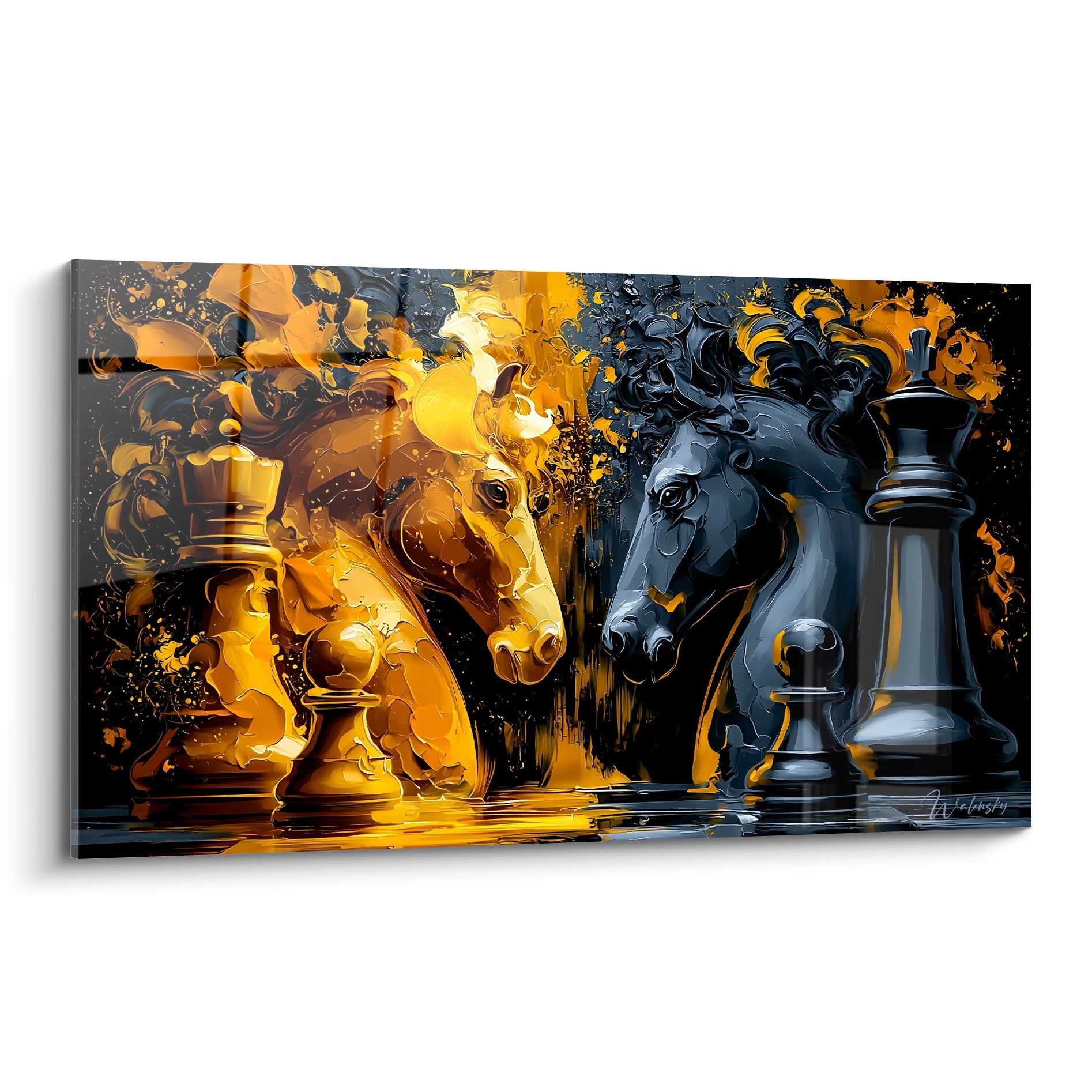 Cavaliers d'échecs dorés et anthracite face à face, crinières texturées, fond éclaboussé