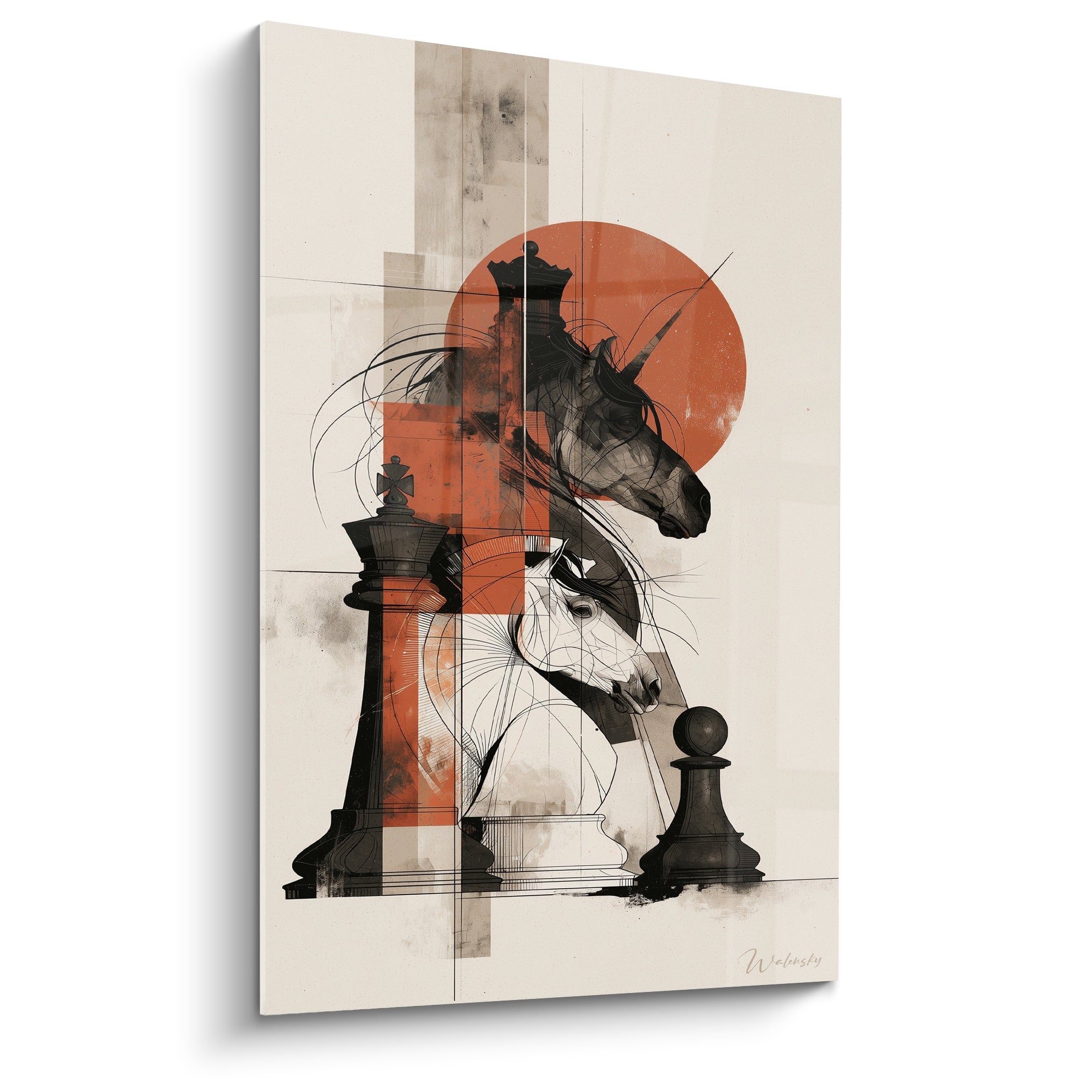 Cavaliers noir et blanc superposés sur fond ivoire et disque orangé, style échecs graphique