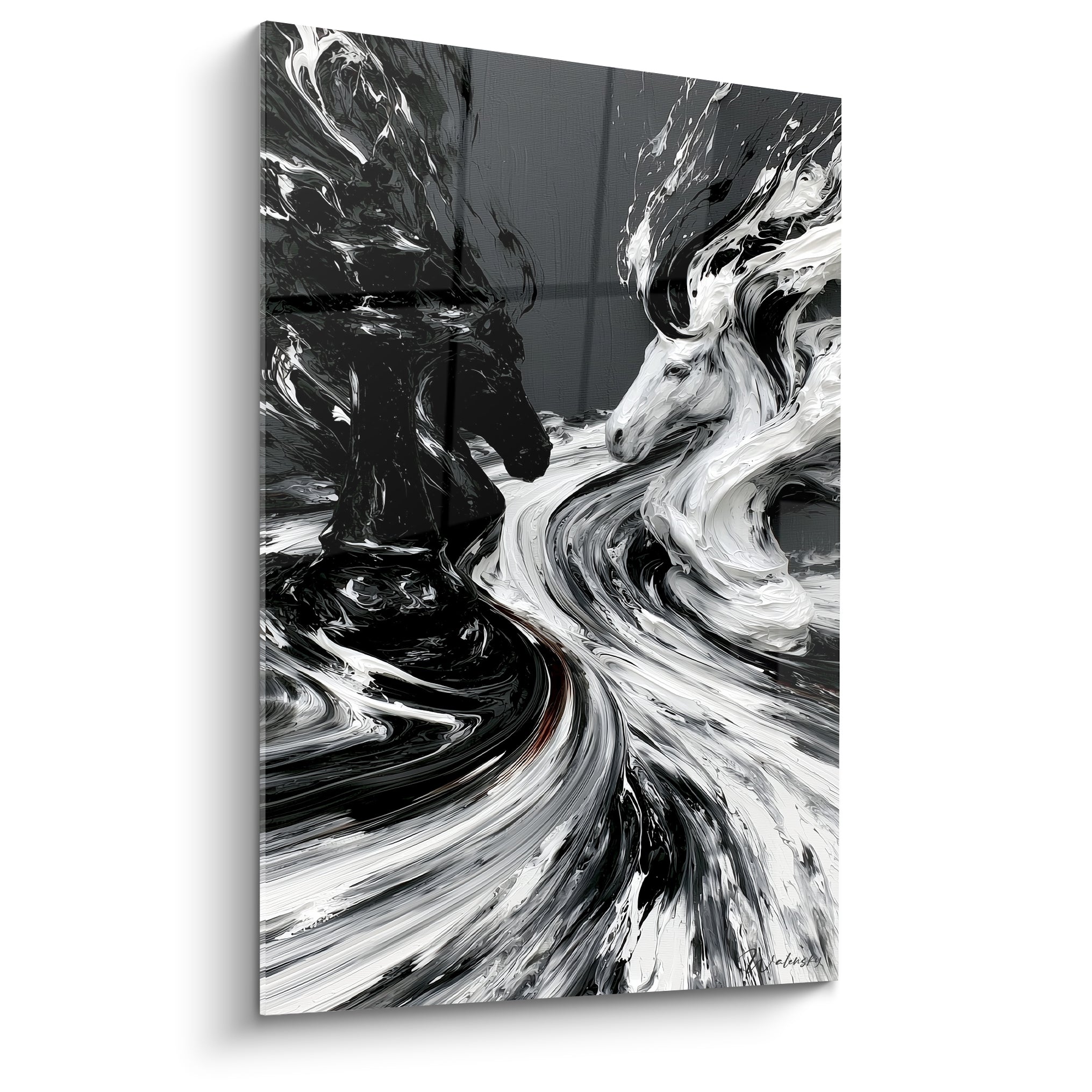 Cavaliers d'échecs noir et blanc fusionnés dans un tourbillon de peinture anthracite et blanche