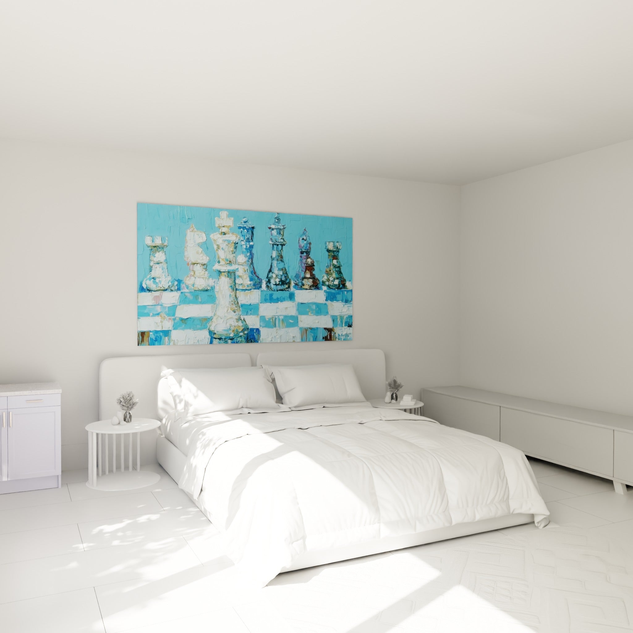 Cavaliers et rois d'échecs bleu turquoise et ivoire au-dessus d'un lit dans une chambre claire