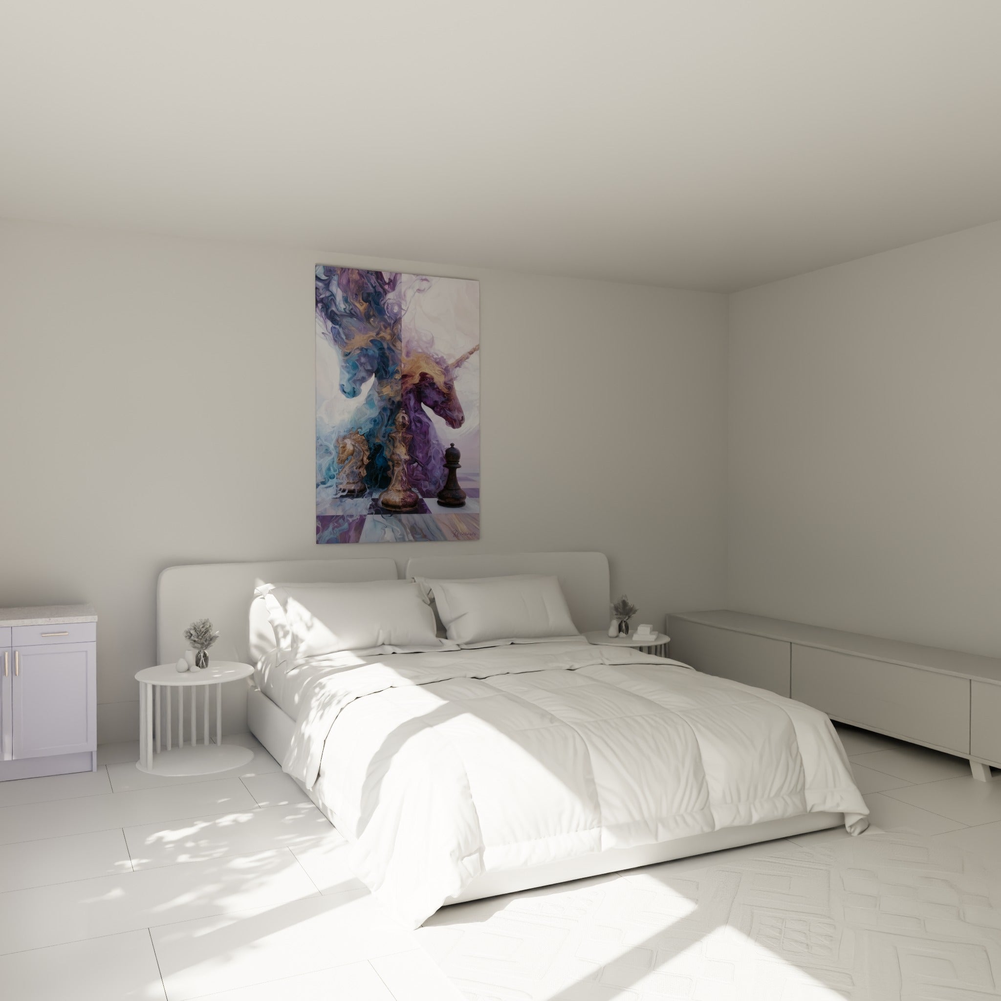 Créatures vaporeuses bleu et violet au-dessus d'un lit dans une chambre claire, échiquier doré en bas
