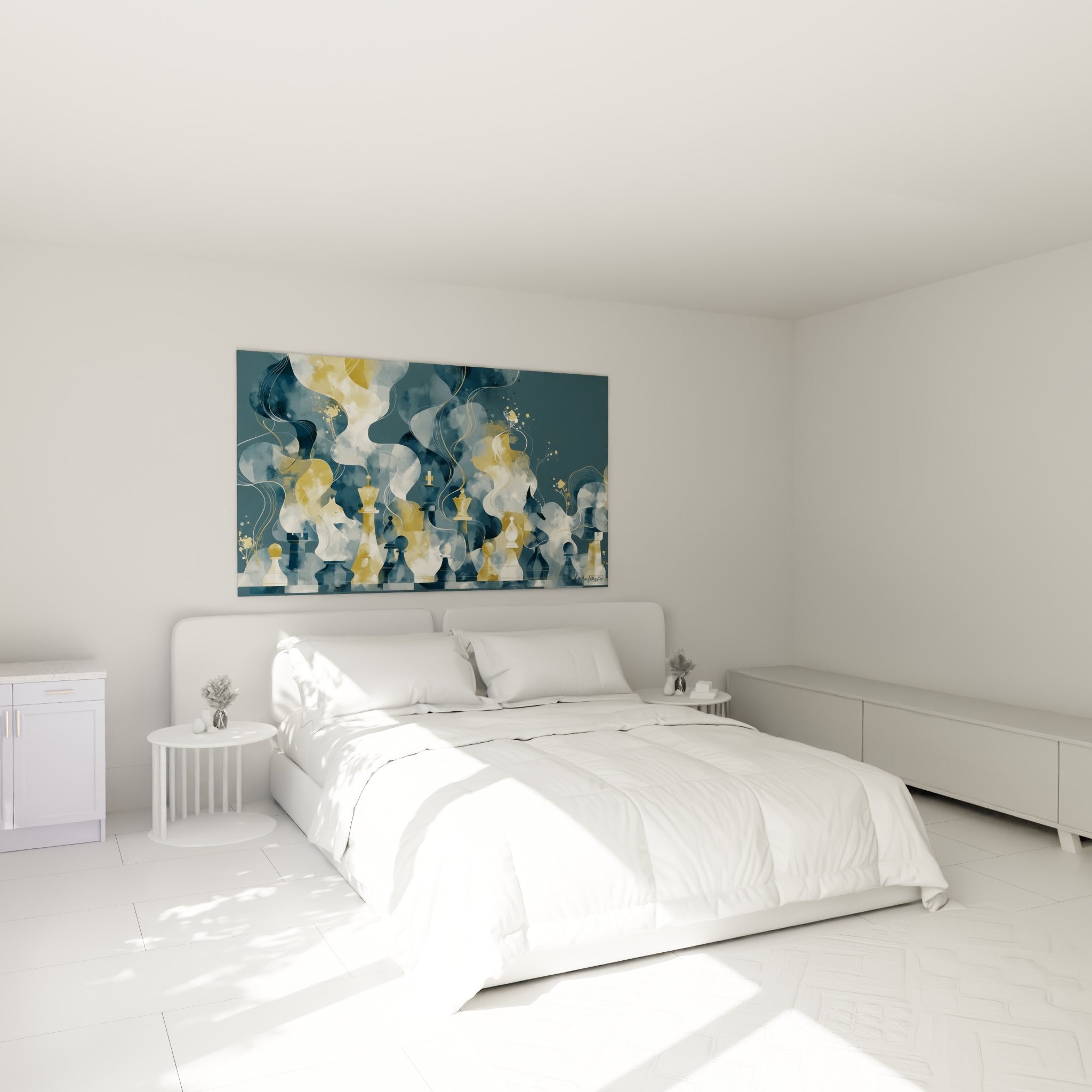 Échiquier stylisé bleu nuit et doré placé au-dessus d'un lit dans une chambre claire