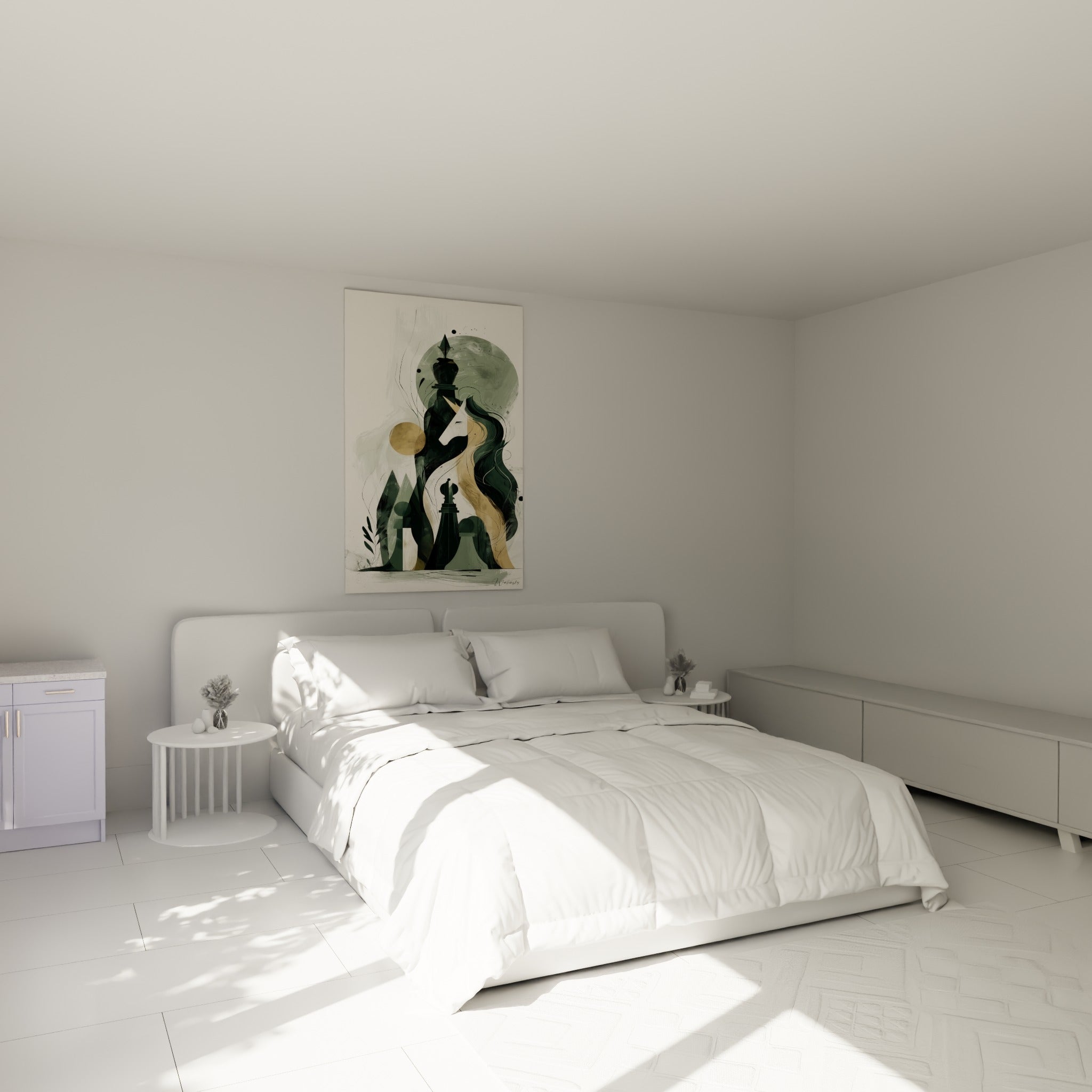 Silhouette de cheval et pièces d'échecs anthracite au-dessus d'un lit dans une chambre claire