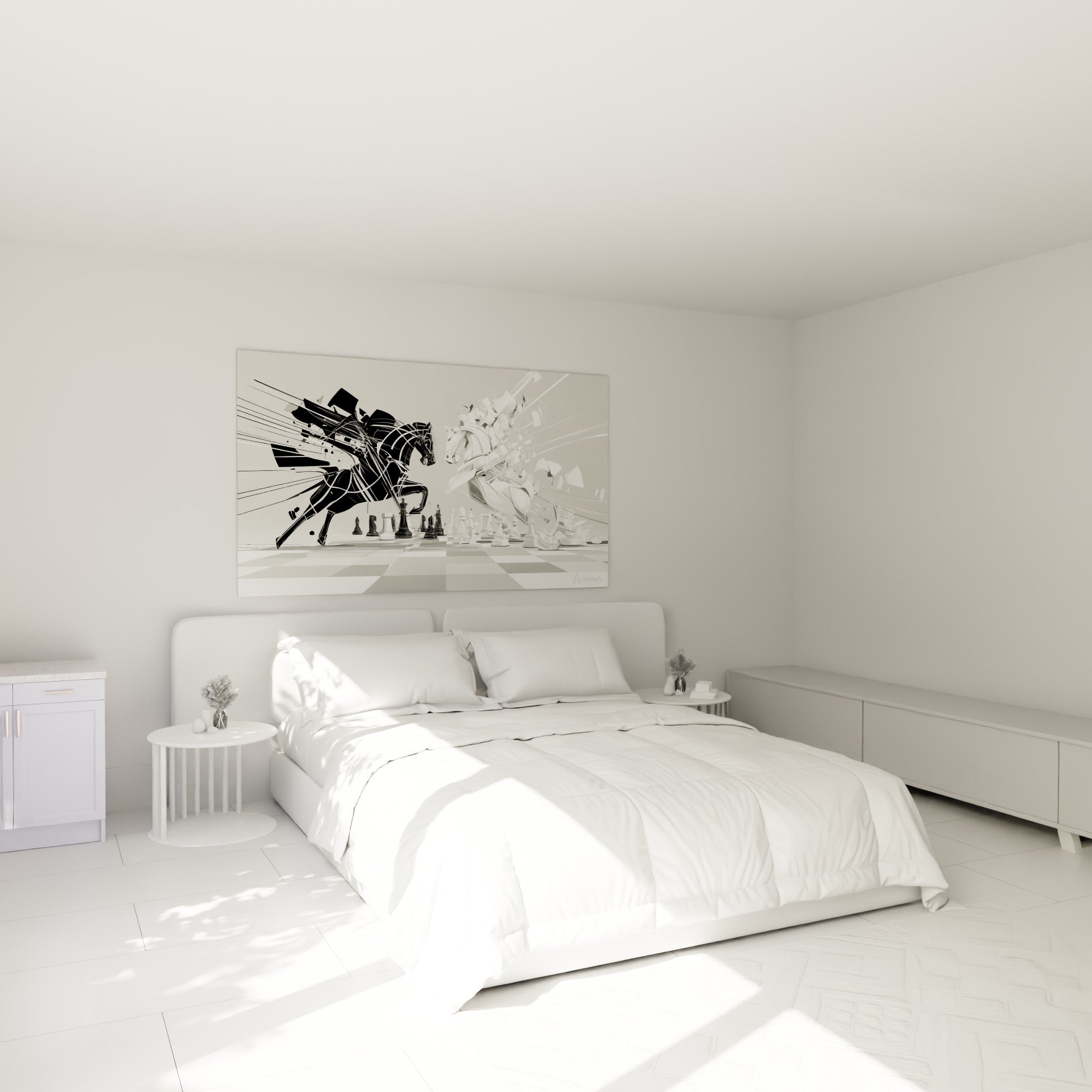 Chevaux d'échecs anthracite et blanc casse en duel graphique, au-dessus d'un lit dans une chambre claire