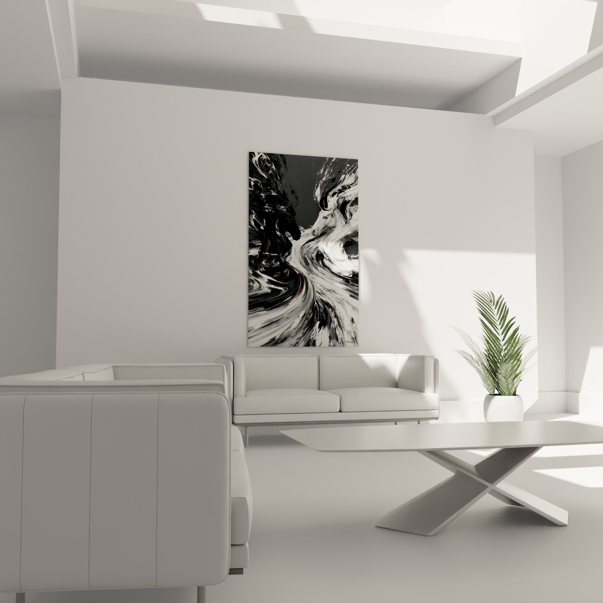 Chevaux d'échecs anthracite et blanc tourbillonnants au-dessus d'un canapé dans un salon lumineux