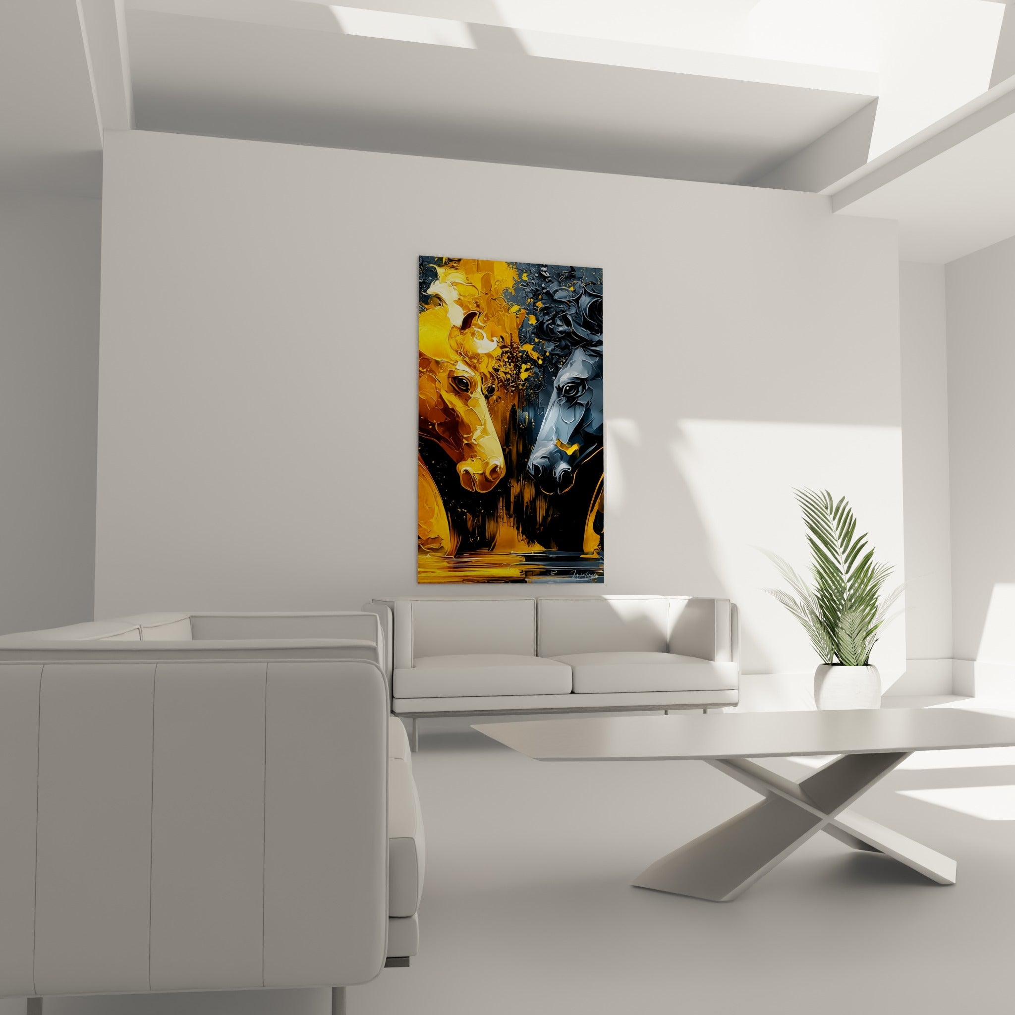 Têtes de chevaux dorées et grises en confrontation picturale, tableau au-dessus d'un canapé dans un salon lumineux