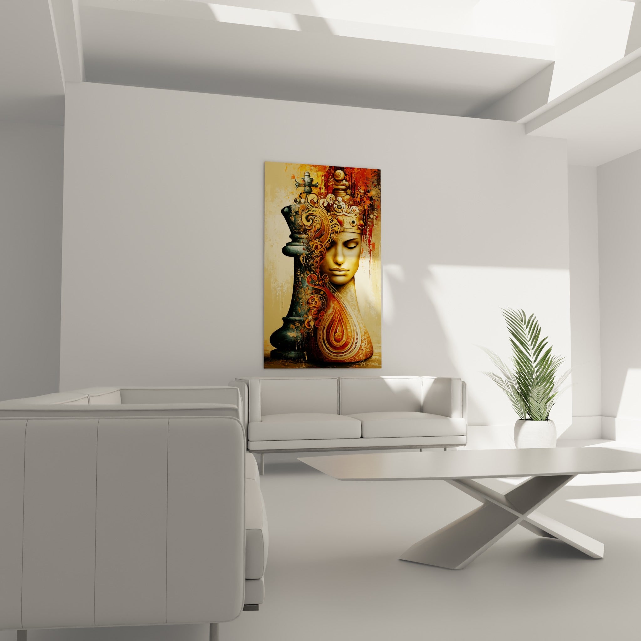 Couronne ornementée dorée sur visage ocre et pièce d'échecs noire, au-dessus d'un canapé dans un salon lumineux