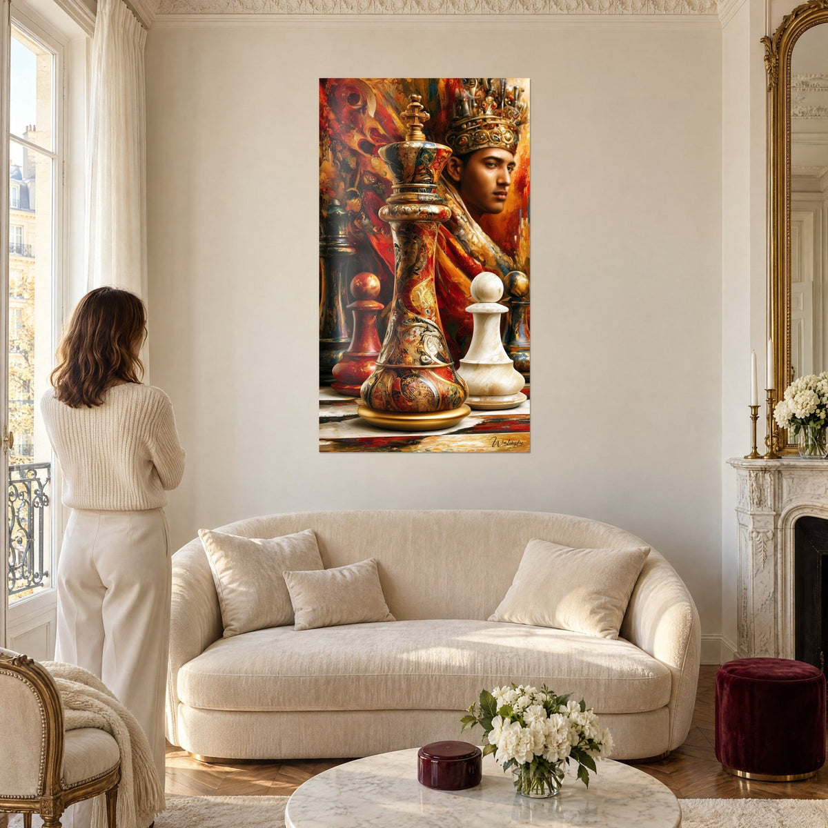 Schilderij gouden schaakkoning met rode en zwarte motieven, jonge gekroonde vorst op de achtergrond, boven een bank in een lichte woonkamer
