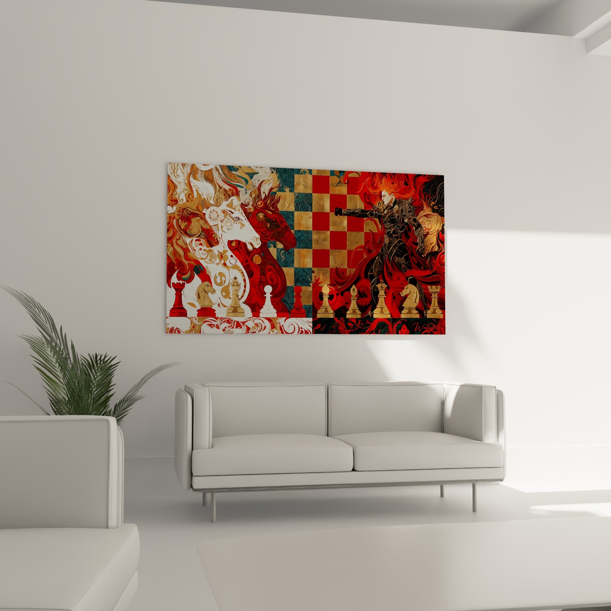 Échiquier rouge et doré avec figure ténébreuse, tableau échecs au-dessus d'un canapé dans un salon lumineux
