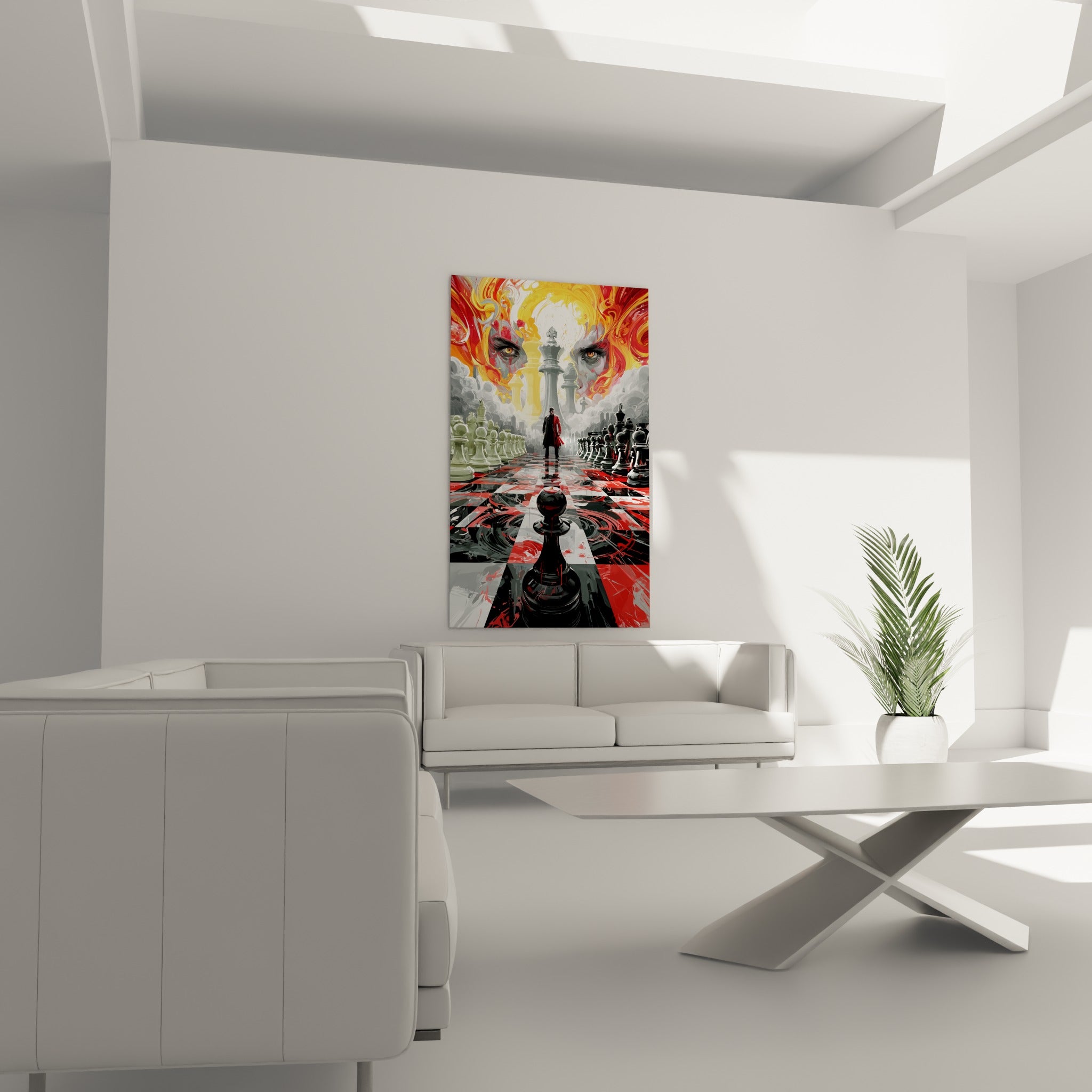 Duel stratégique sur damier rouge et noir accroché au-dessus d'un canapé dans un salon lumineux