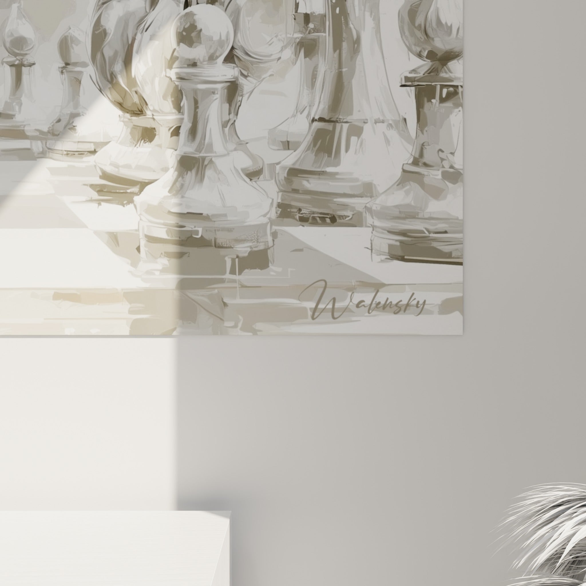 Détail des coulures terracotta et du grain gris anthracite sur les pièces d'échecs peintes