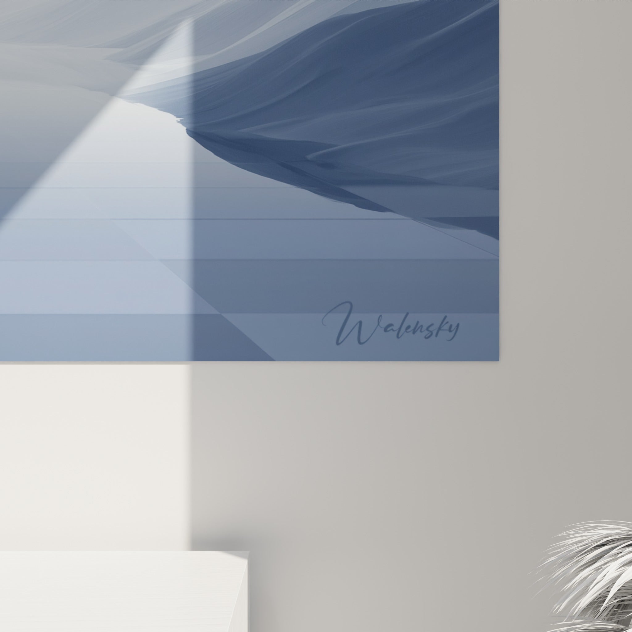 Détail des reflets bleu pastel et blanc satiné sur la matière lisse de l'impression murale
