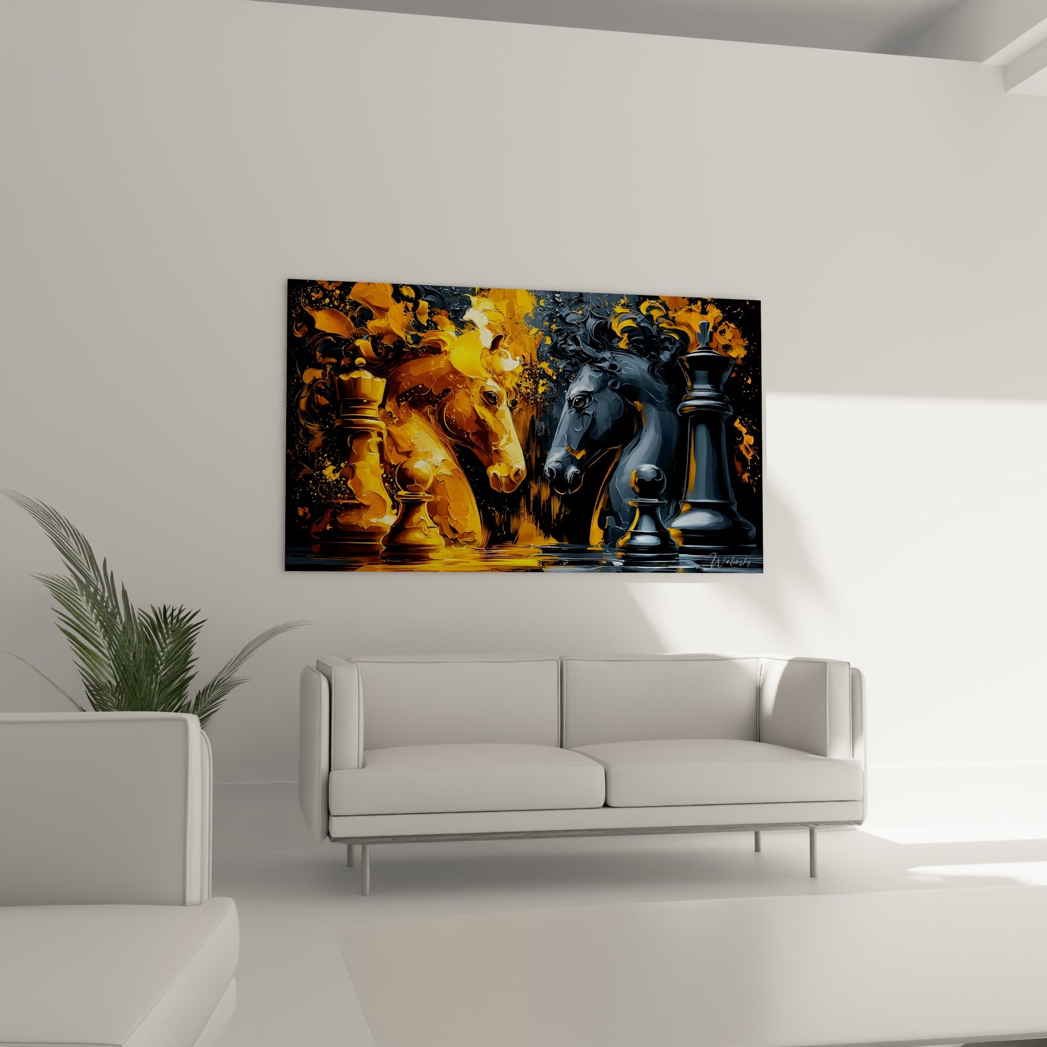 Cavaliers dorés et anthracite en confrontation picturale au-dessus d'un canapé dans un salon lumineux