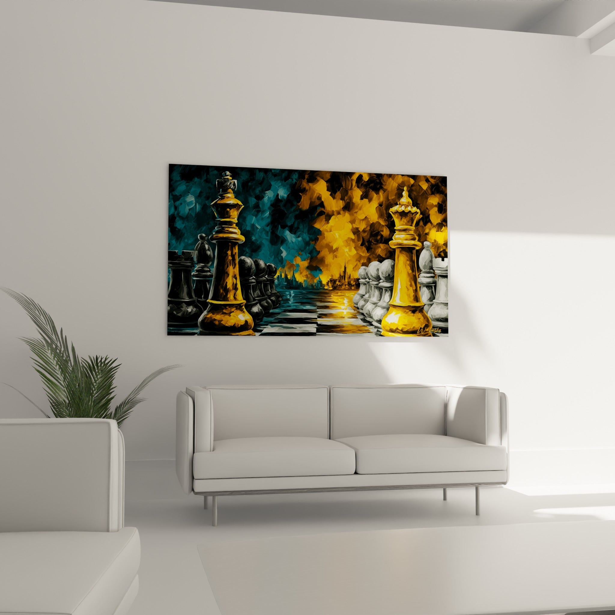 Échiquier royal aux tons ocre et anthracite au-dessus d'un canapé dans un salon lumineux