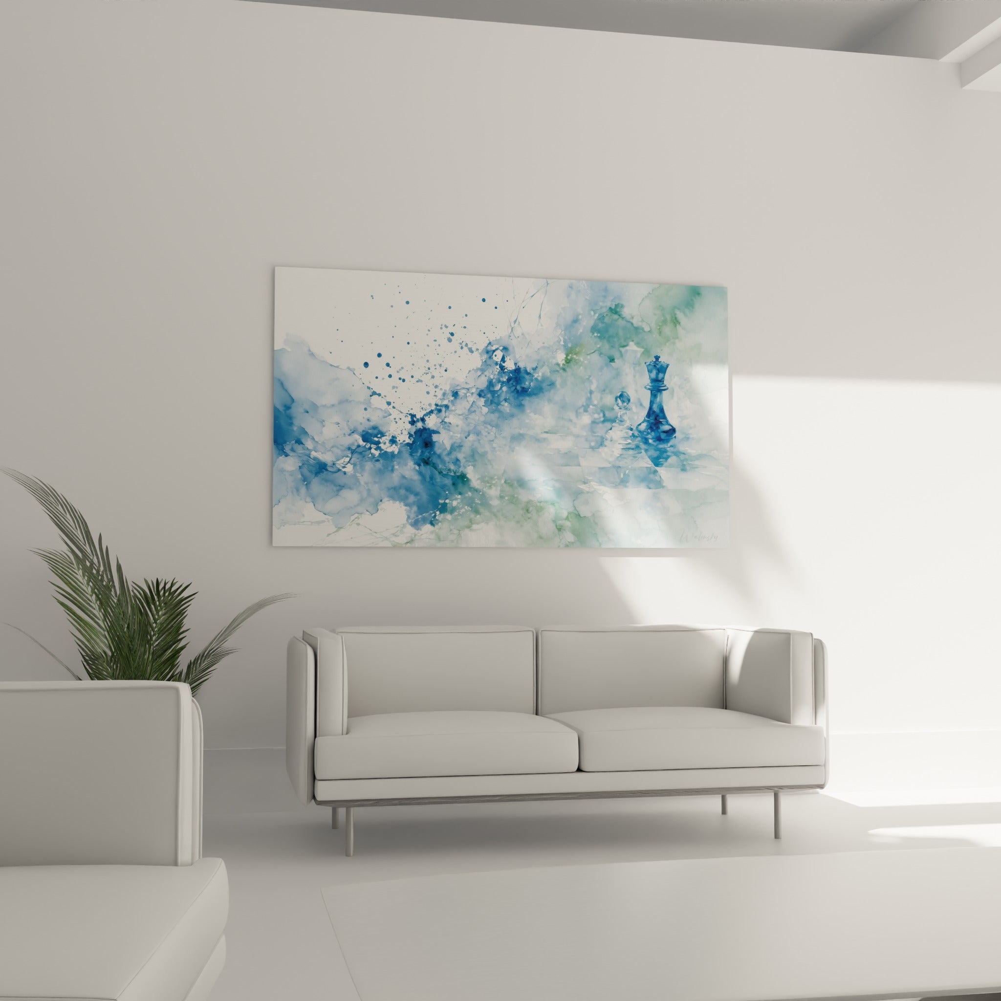 Reine d'échecs vert sauge et bleu marine peinte en aquarelle, au-dessus d'un canapé dans un salon lumineux