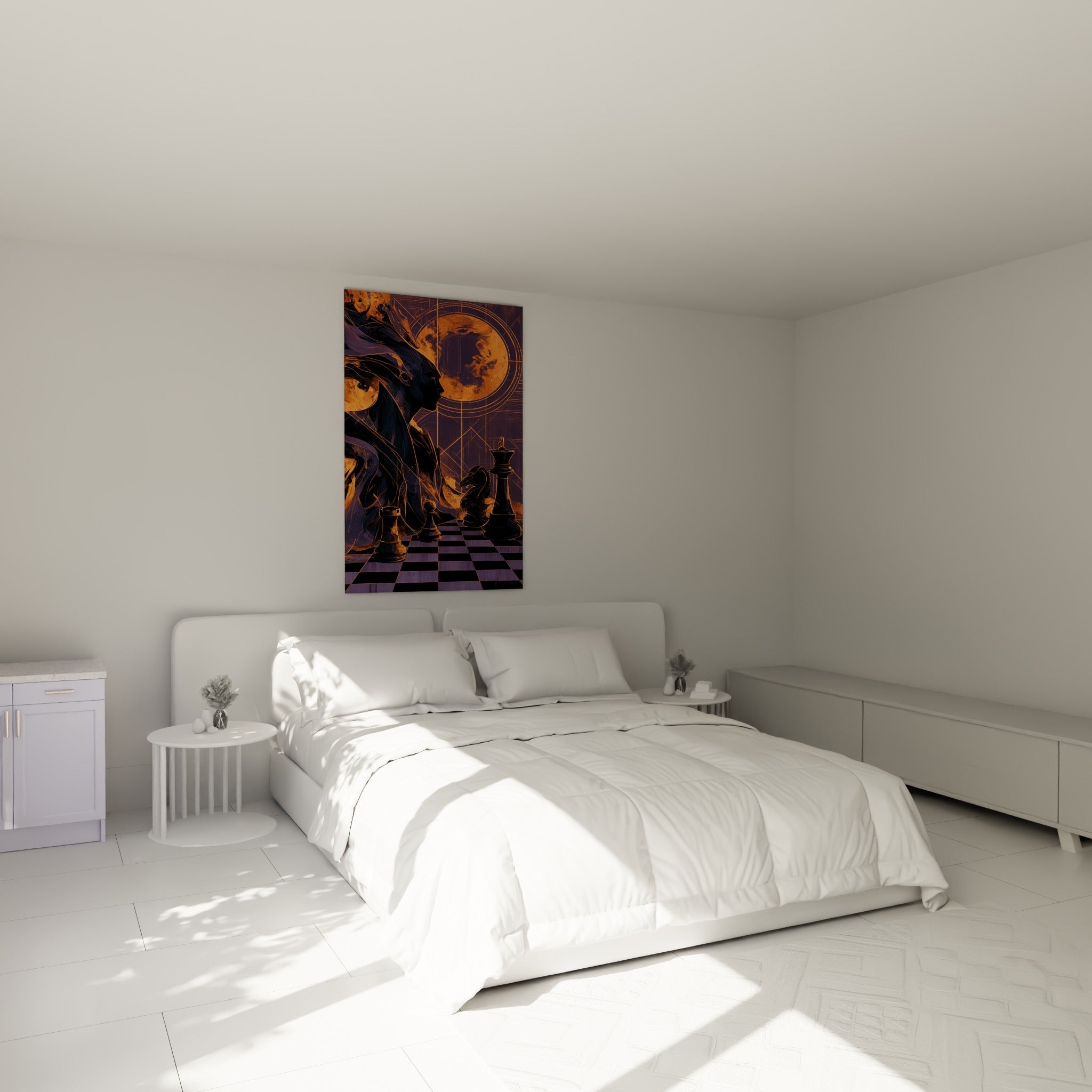 Figure mystique aux tons violet et or d'Échecs, au-dessus d'un lit dans une chambre claire