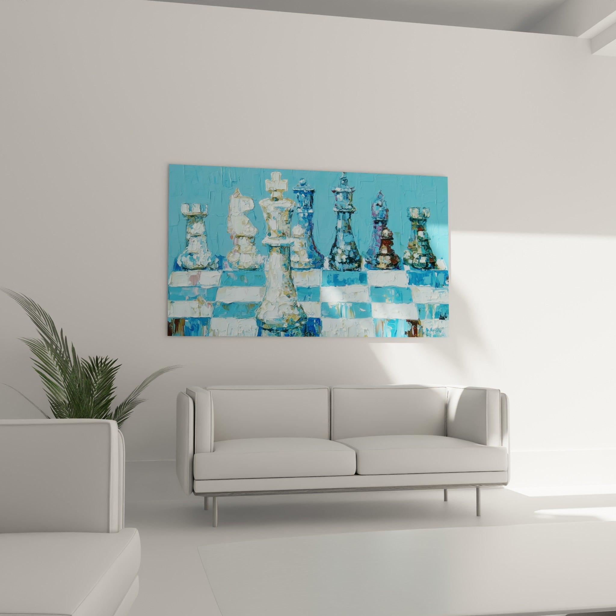 Figures d'échecs anthracite et blanc crème au-dessus d'un canapé dans un salon lumineux