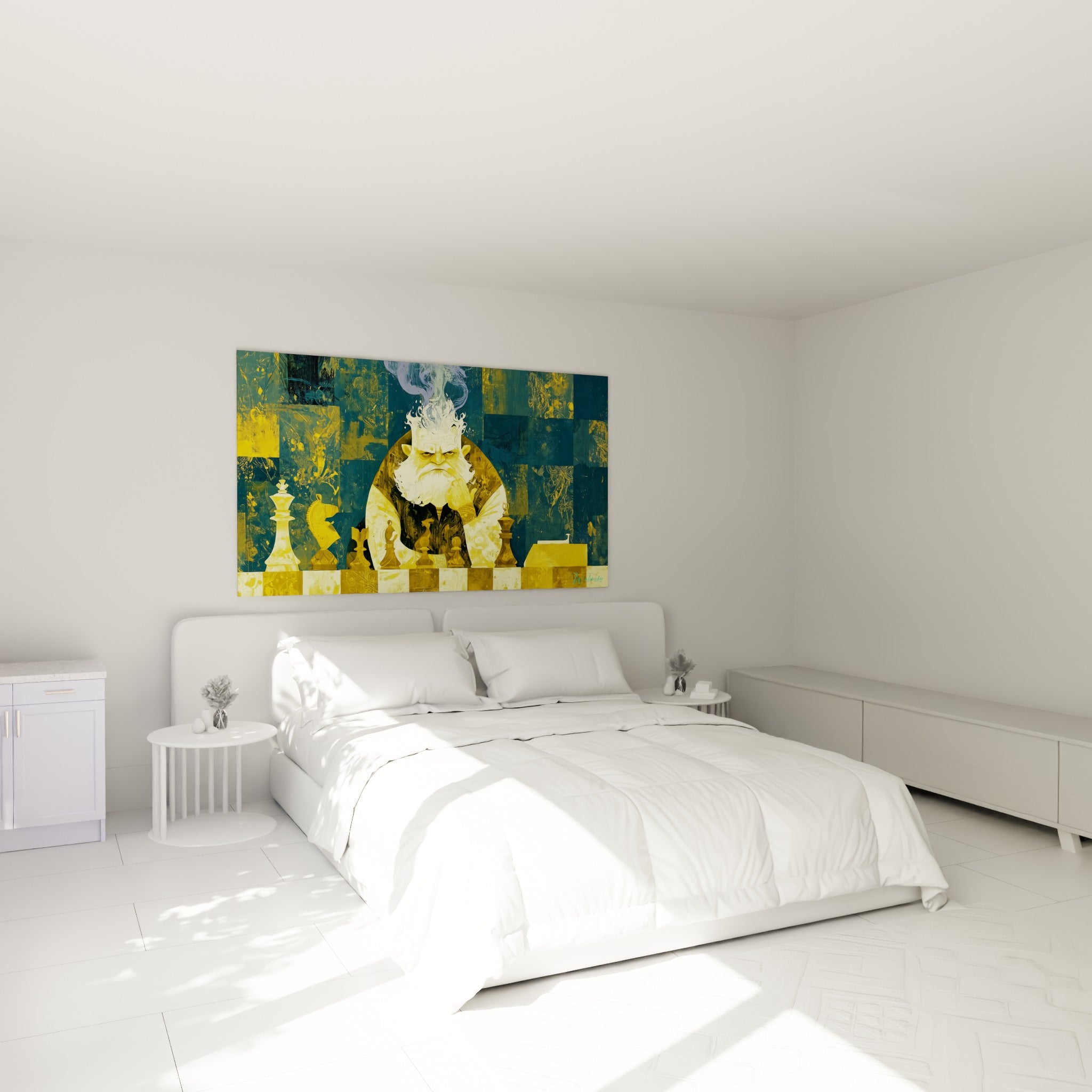 Joueur d'échecs pensif en ocre et bleu marine, accroché au-dessus d'un lit dans une chambre claire