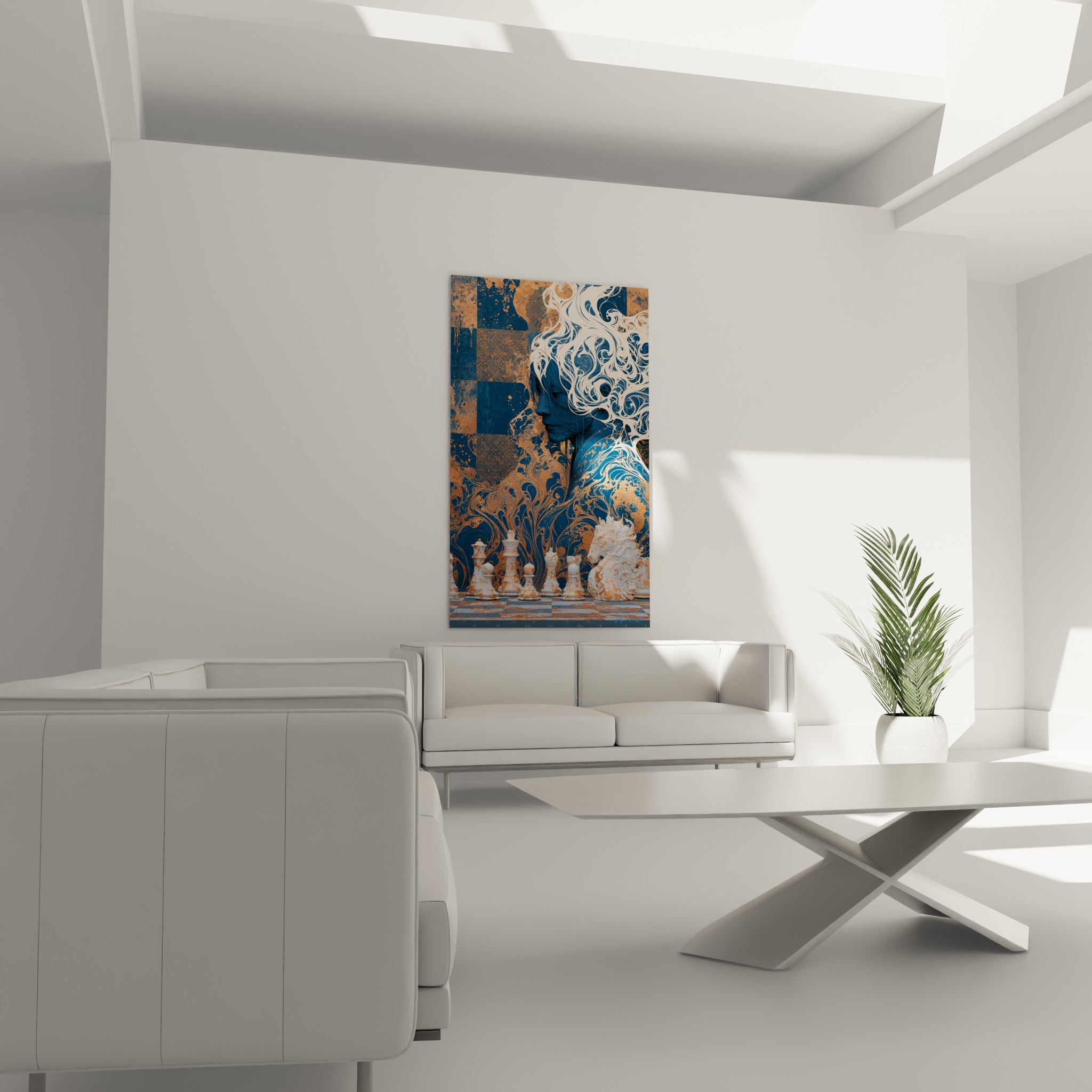 Portrait échecs bleu cuivré et crème accroché au-dessus d'un canapé dans un salon lumineux