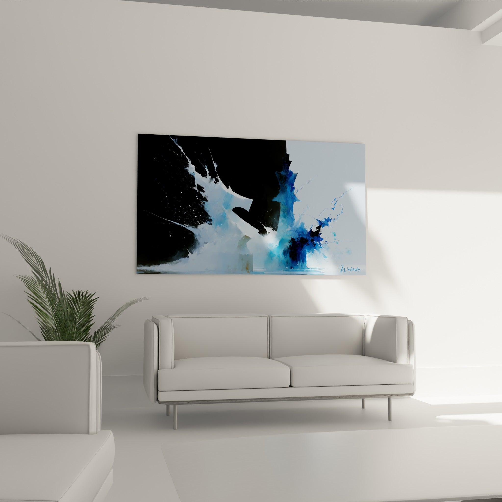Mouvement liquide noir et bleu ciel inspiré des échecs, au-dessus d'un canapé dans un salon lumineux
