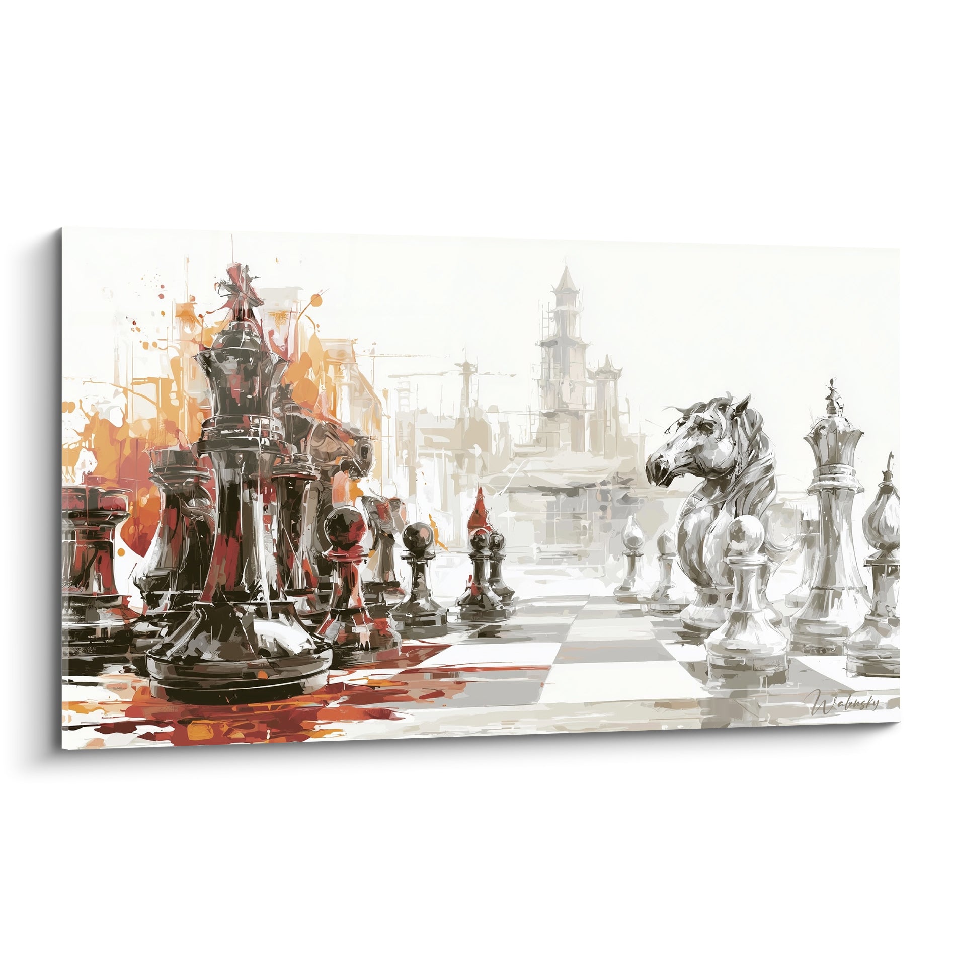 Échiquier Échecs noir et terracotta face à un camp gris anthracite et blanc devant une cité floue