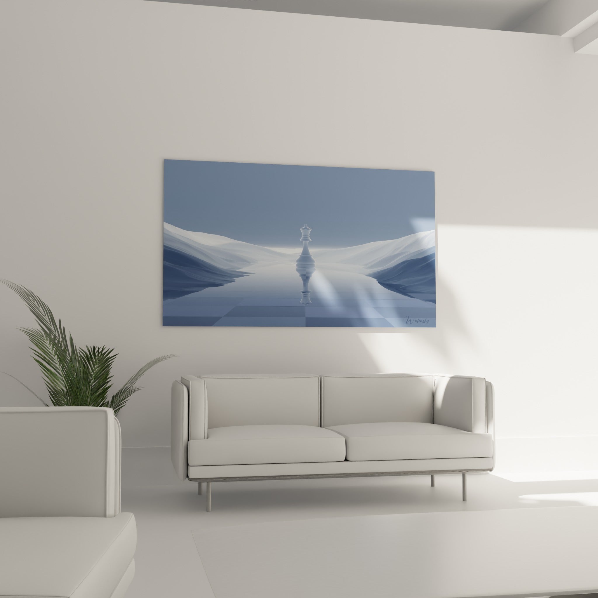 Silhouette de reine blanche et bleu marine au-dessus d'un canapé dans un salon lumineux