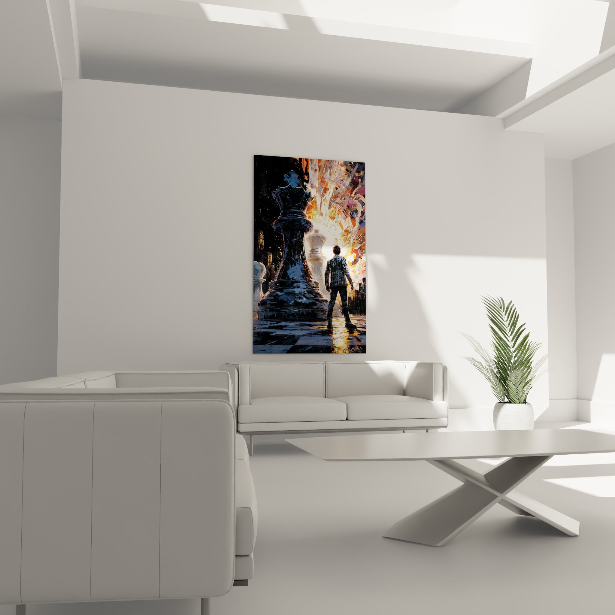 Silhouette debout devant une reine noire monumentale au-dessus d'un canapé dans un salon lumineux