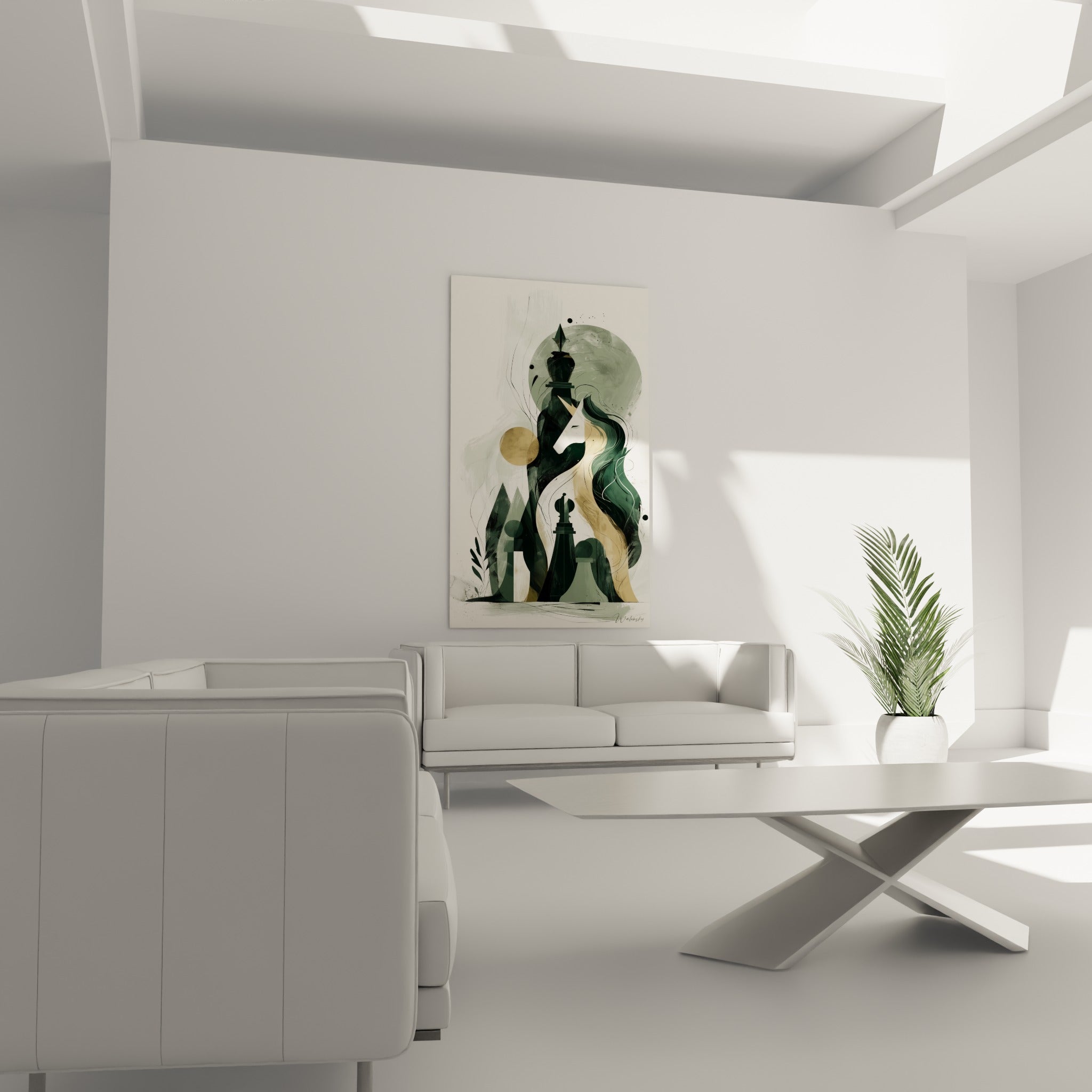 Composition d'échecs vert profond et beige doré au-dessus d'un canapé dans un salon lumineux