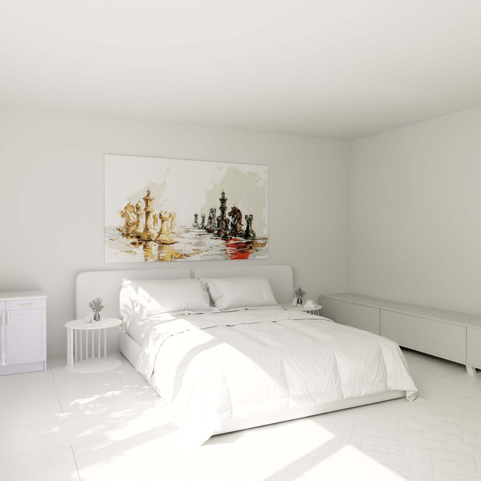 Pièces d'échecs dorées et anthracite face à face, au-dessus d'un lit dans une chambre claire