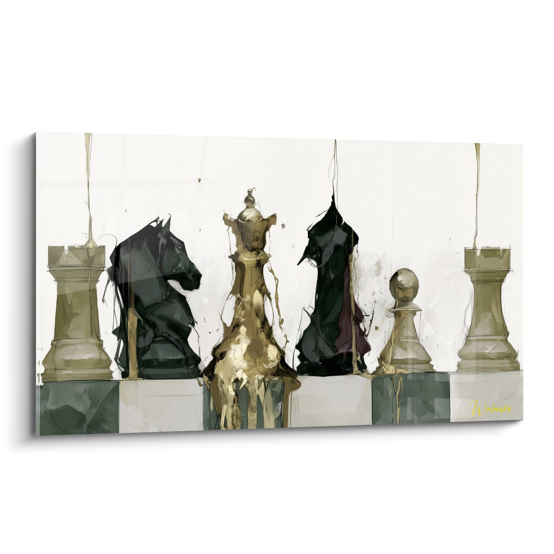 Pièces d'échecs dorées et noires fondues sur fond blanc, style pictural expressif et raffiné