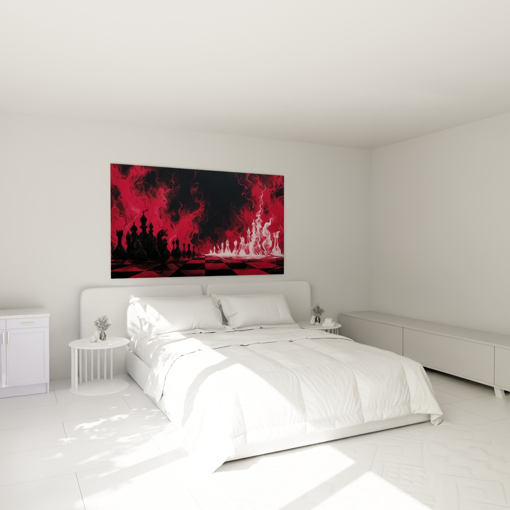 Pièces d'échecs noires et flammes blanches sur fond rouge accrochées au-dessus d'un lit dans une chambre claire
