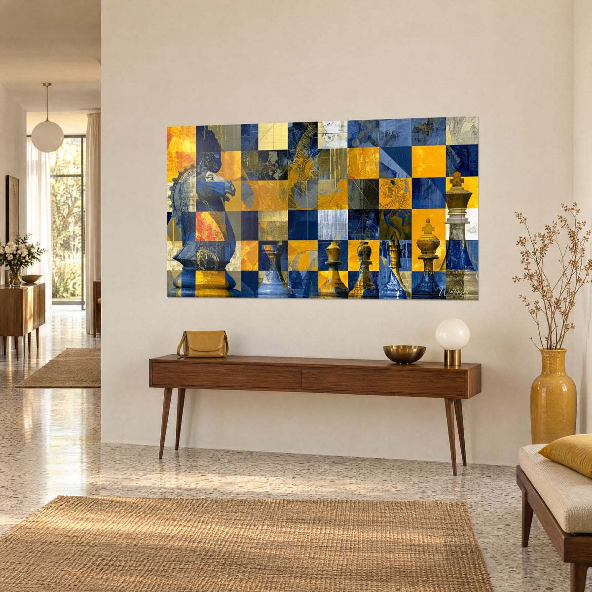 Quadro di una scacchiera geometrica che unisce blu cobalto e oro, pezzi disposti in fila, su una parete beige d'ingresso