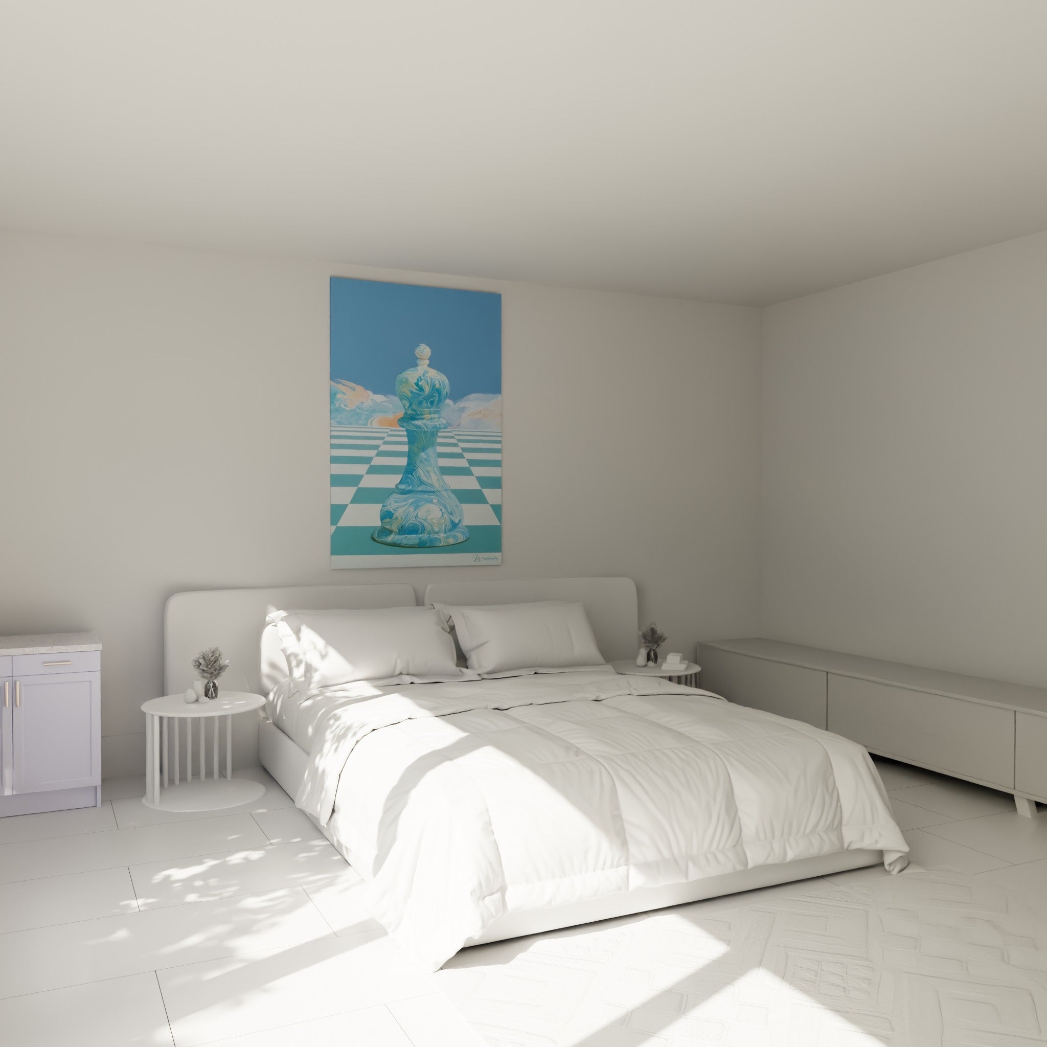 Pion géant bleu ciel et blanc au style fluide, accroché au-dessus d'un lit dans une chambre claire