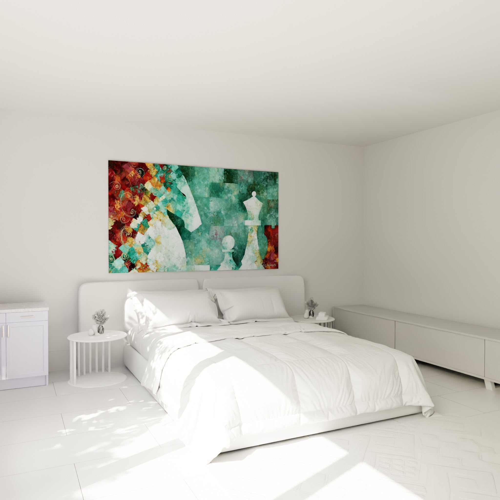 Pièces d'échecs blanches et vert sauge accrochées au-dessus d'un lit dans une chambre claire