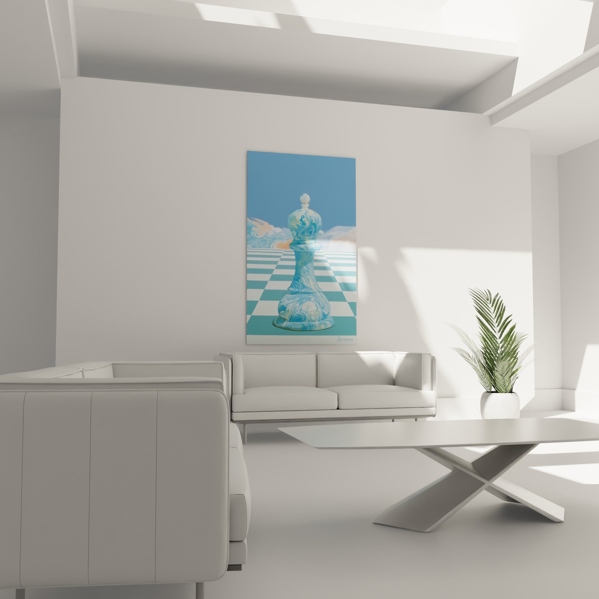 Pièce d'échecs bleu pastel et orange nuageux en arrière-plan, au-dessus d'un canapé dans un salon lumineux