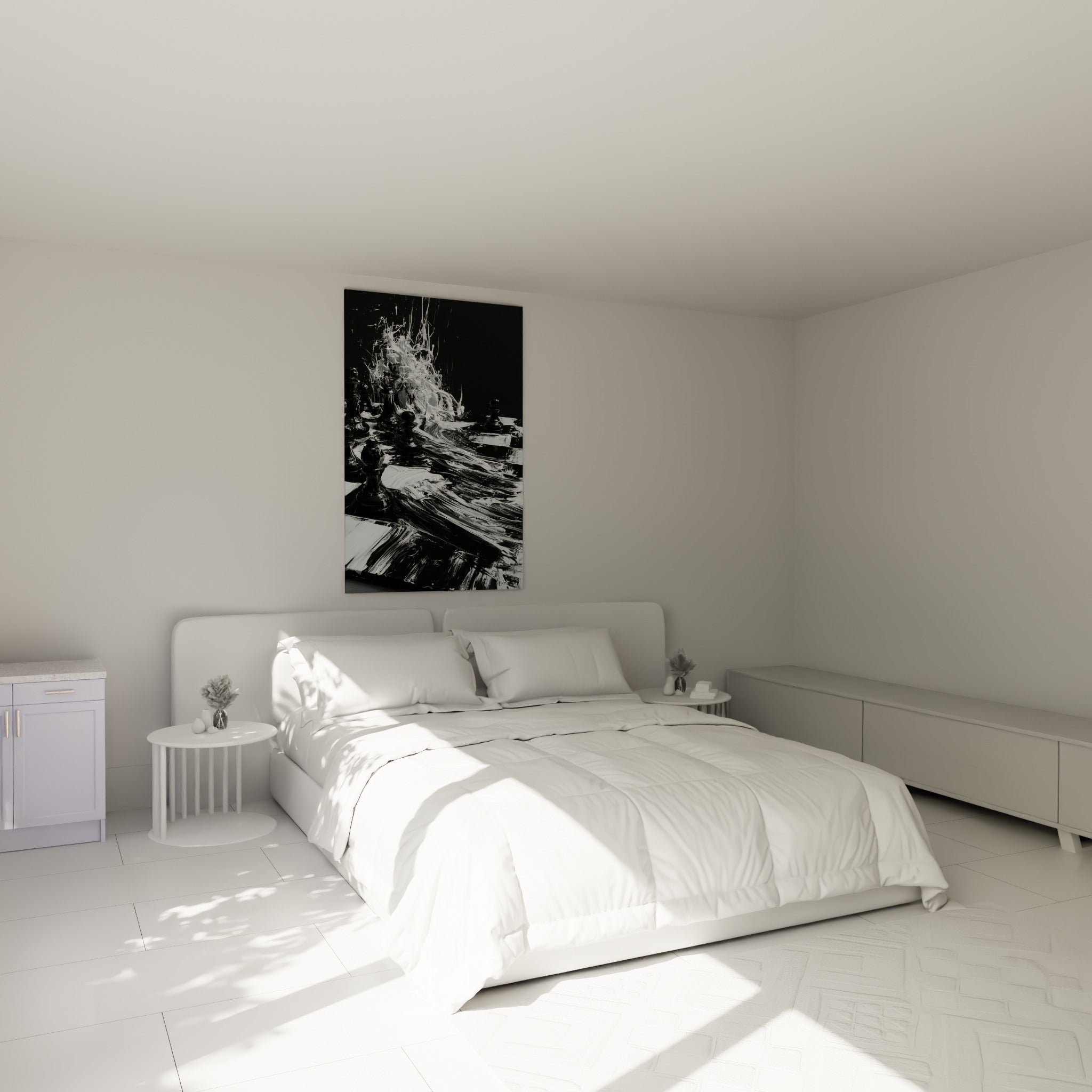 Pièces d'échecs noires émergeant d'une éclaboussure blanche, accrochées au-dessus d'un lit dans une chambre claire