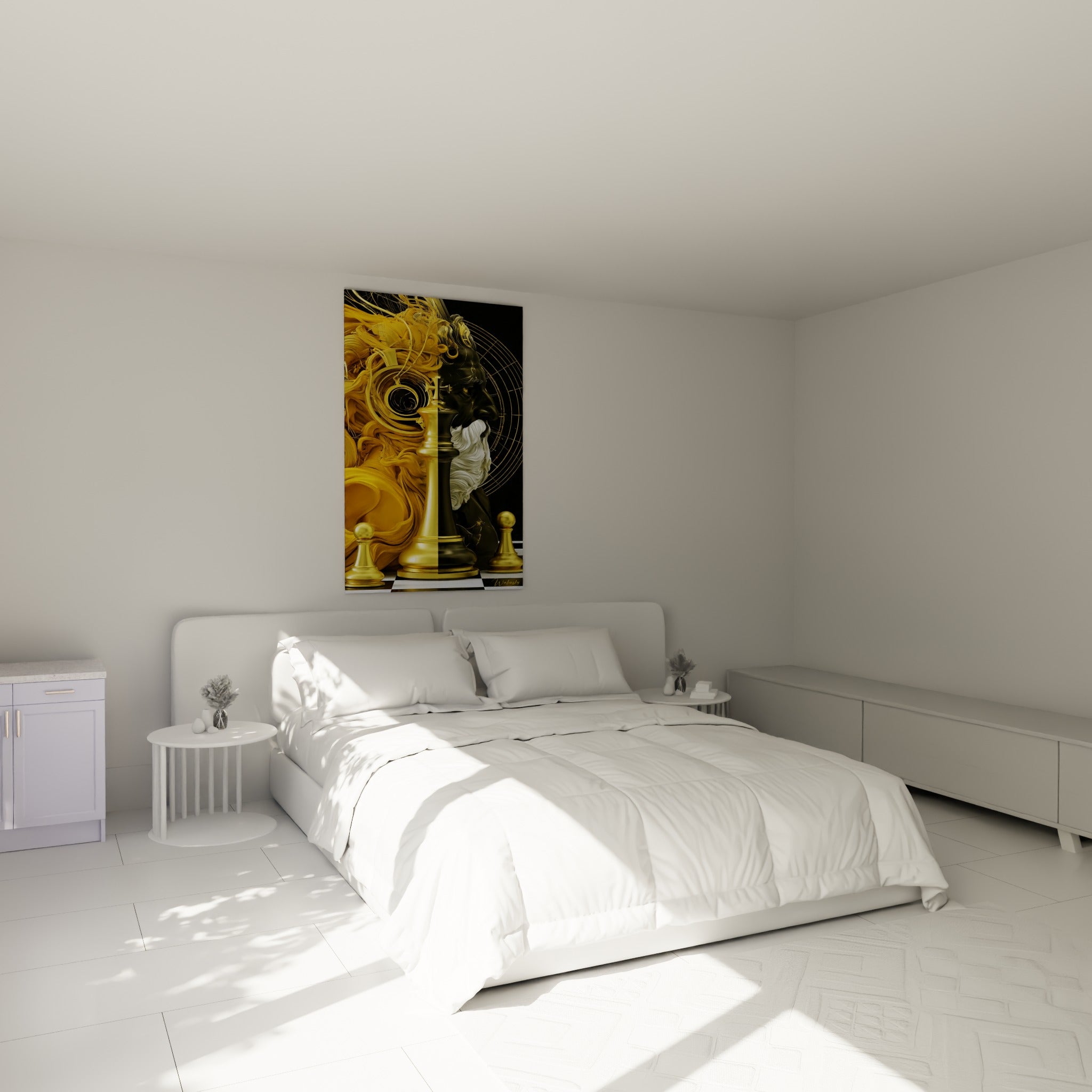 Roi d'échec doré et visage tourbillonnant contrastant noir et or, au-dessus d'un lit dans une chambre claire