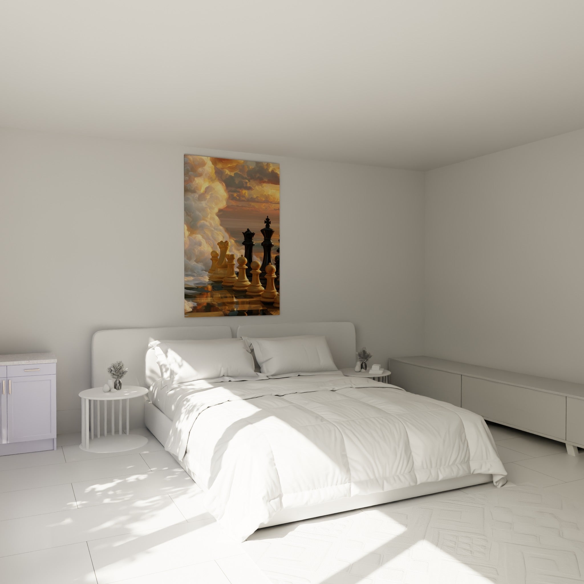 Pièces d'échecs anthracite et ivoire sous un ciel orangé, au-dessus d'un lit dans une chambre claire